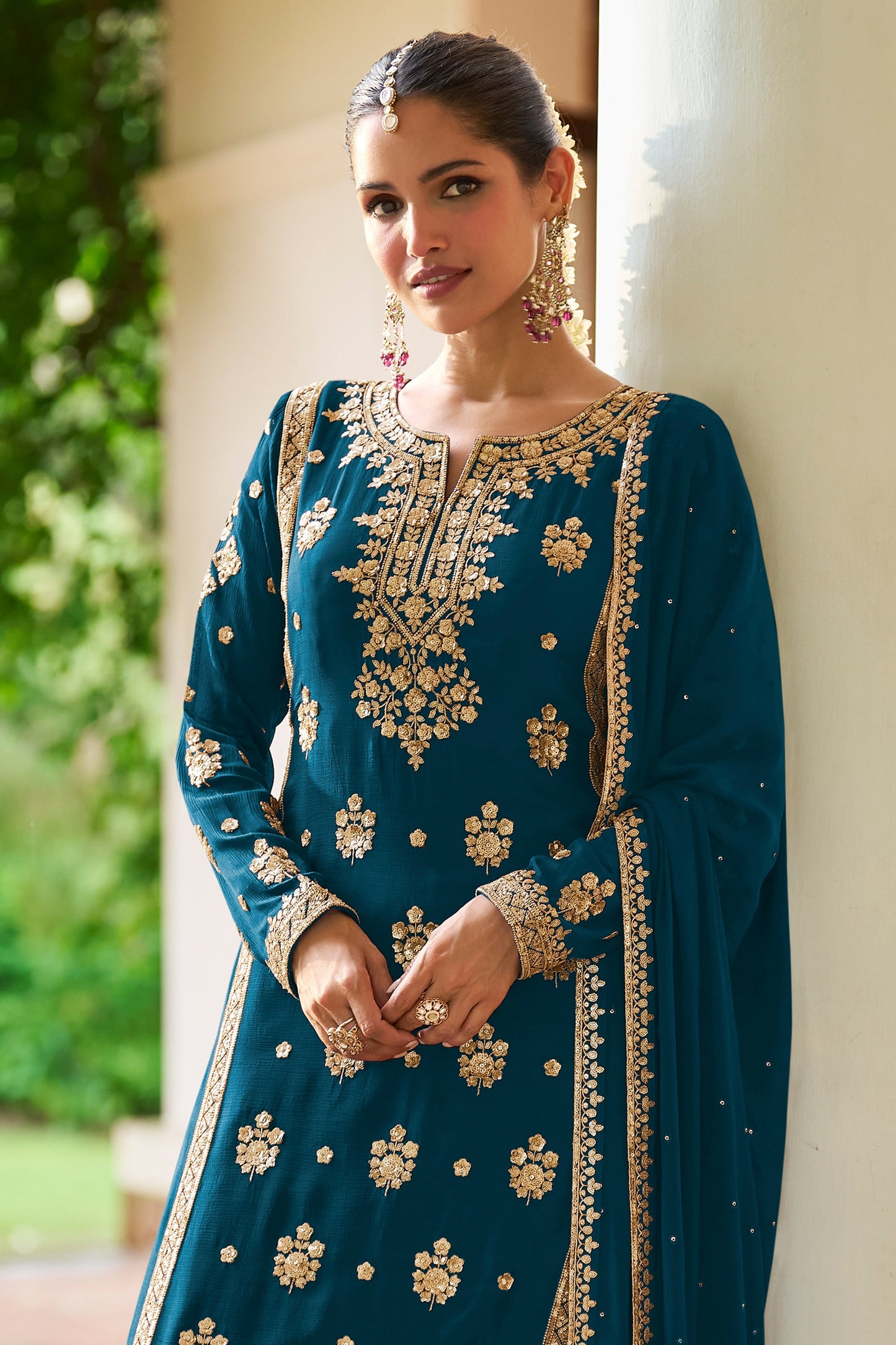 Teal Blue Readymade Embroidered Chinon Suit
-SAR12136_3_SareeButa.com
