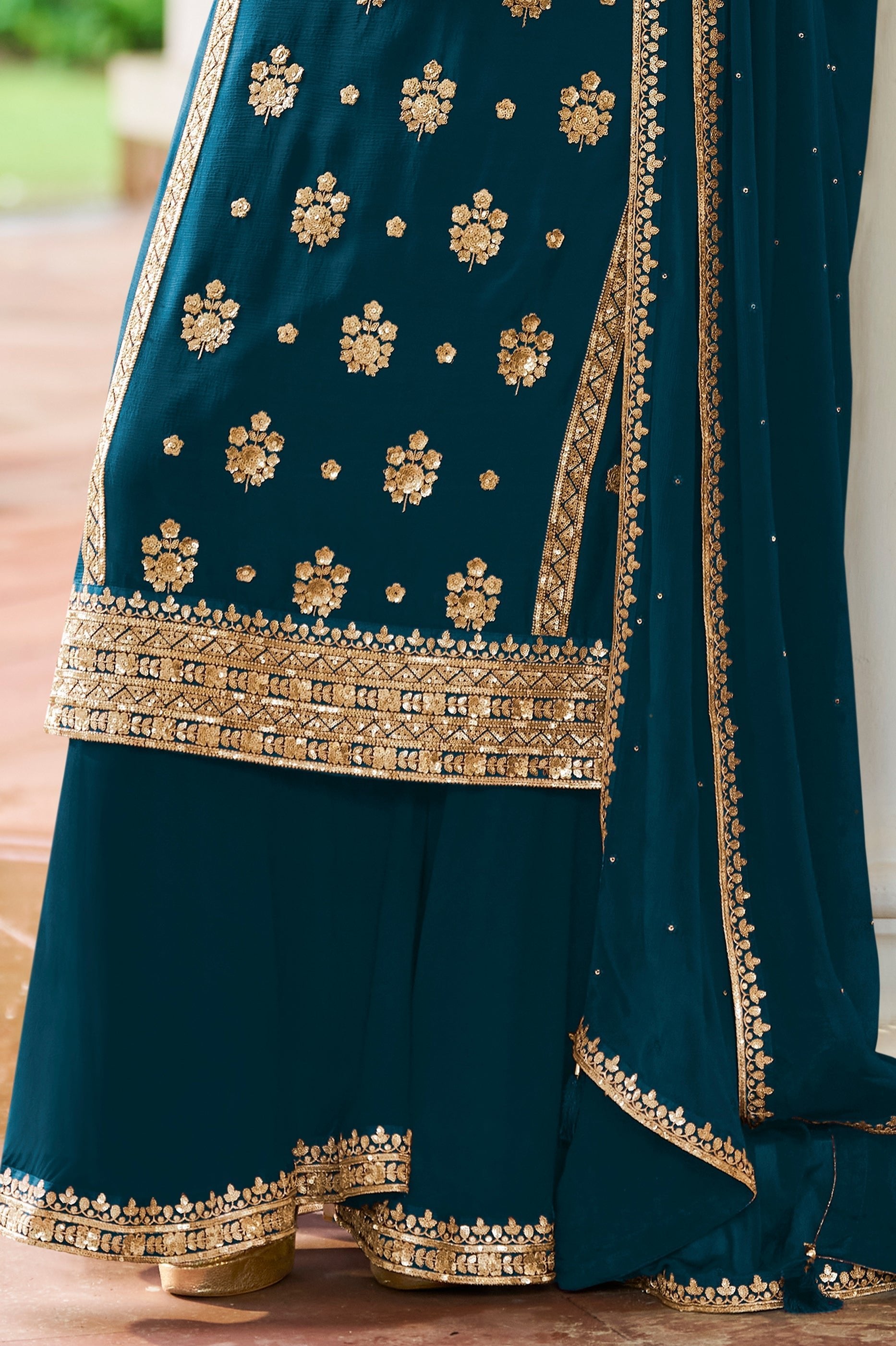 Teal Blue Readymade Embroidered Chinon Suit
-SAR12136_4_SareeButa.com