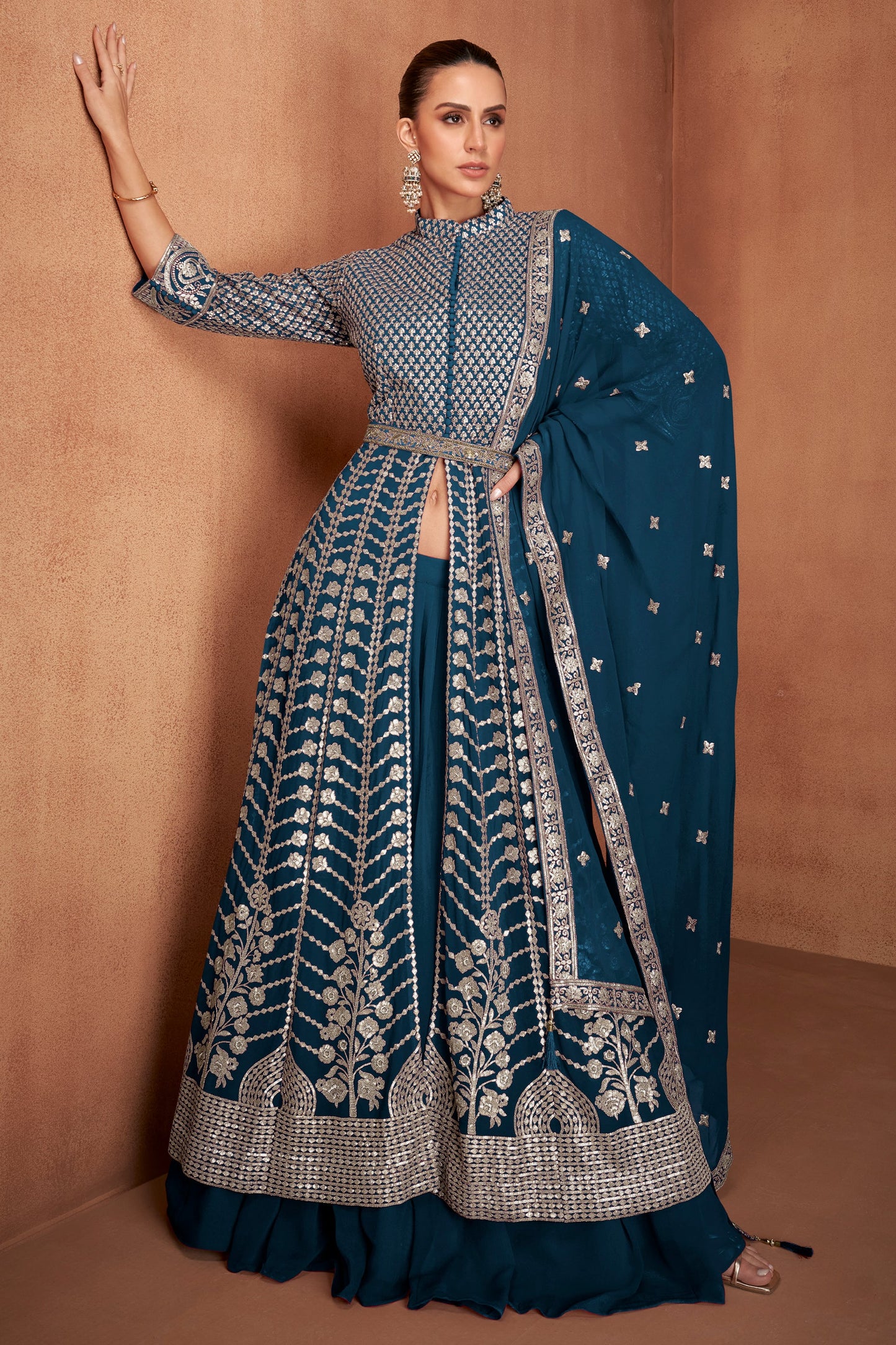 Teal Blue Readymade Embroidered Georgette Skirt Suit-SAR11116_1_SareeButa.com