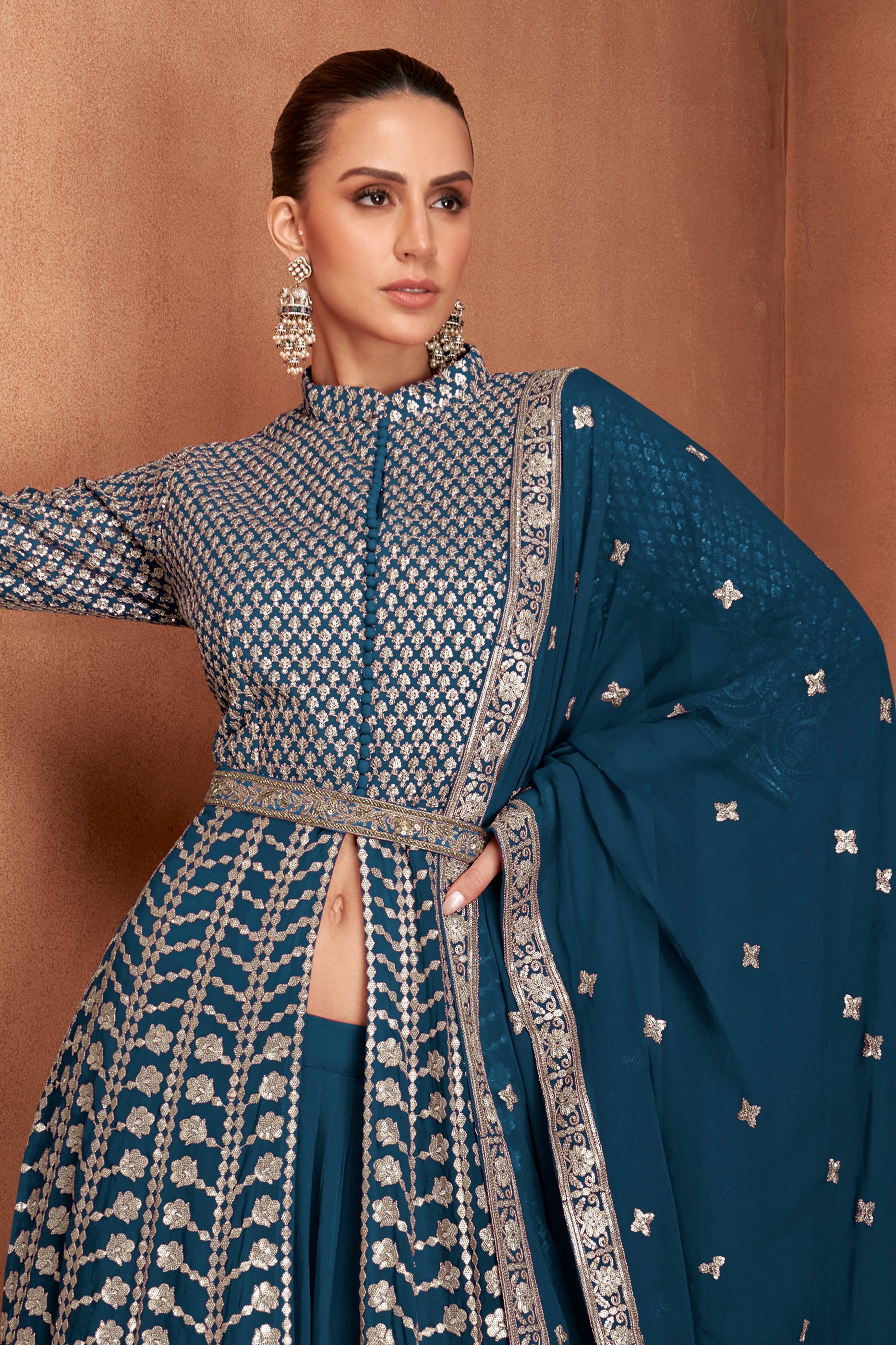 Teal Blue Readymade Embroidered Georgette Skirt Suit-SAR11116_3_SareeButa.com