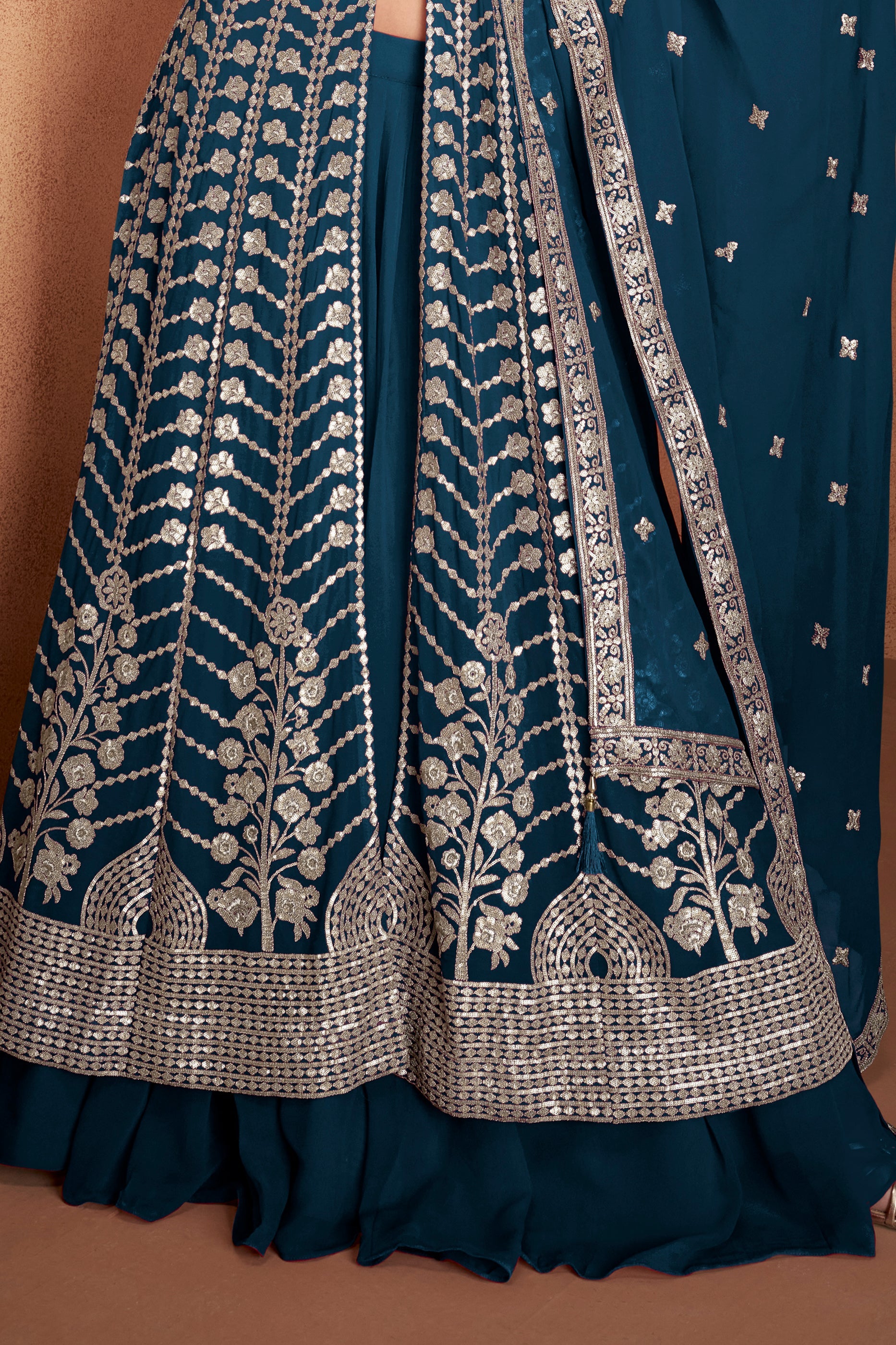 Teal Blue Readymade Embroidered Georgette Skirt Suit-SAR11116_4_SareeButa.com