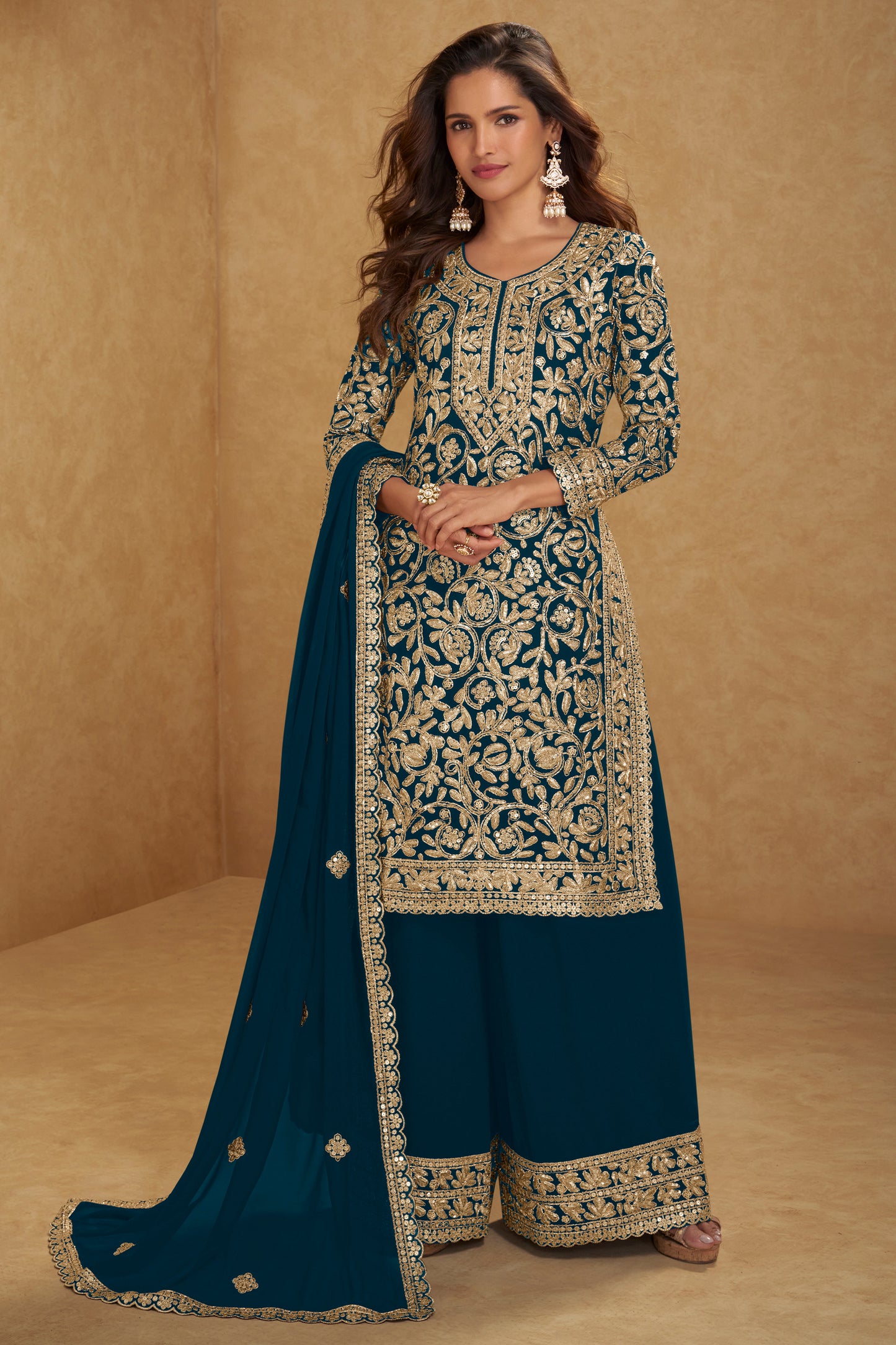 Teal Blue Readymade Embroidered Georgette Suit-SAR12205_1_SareeButa.com