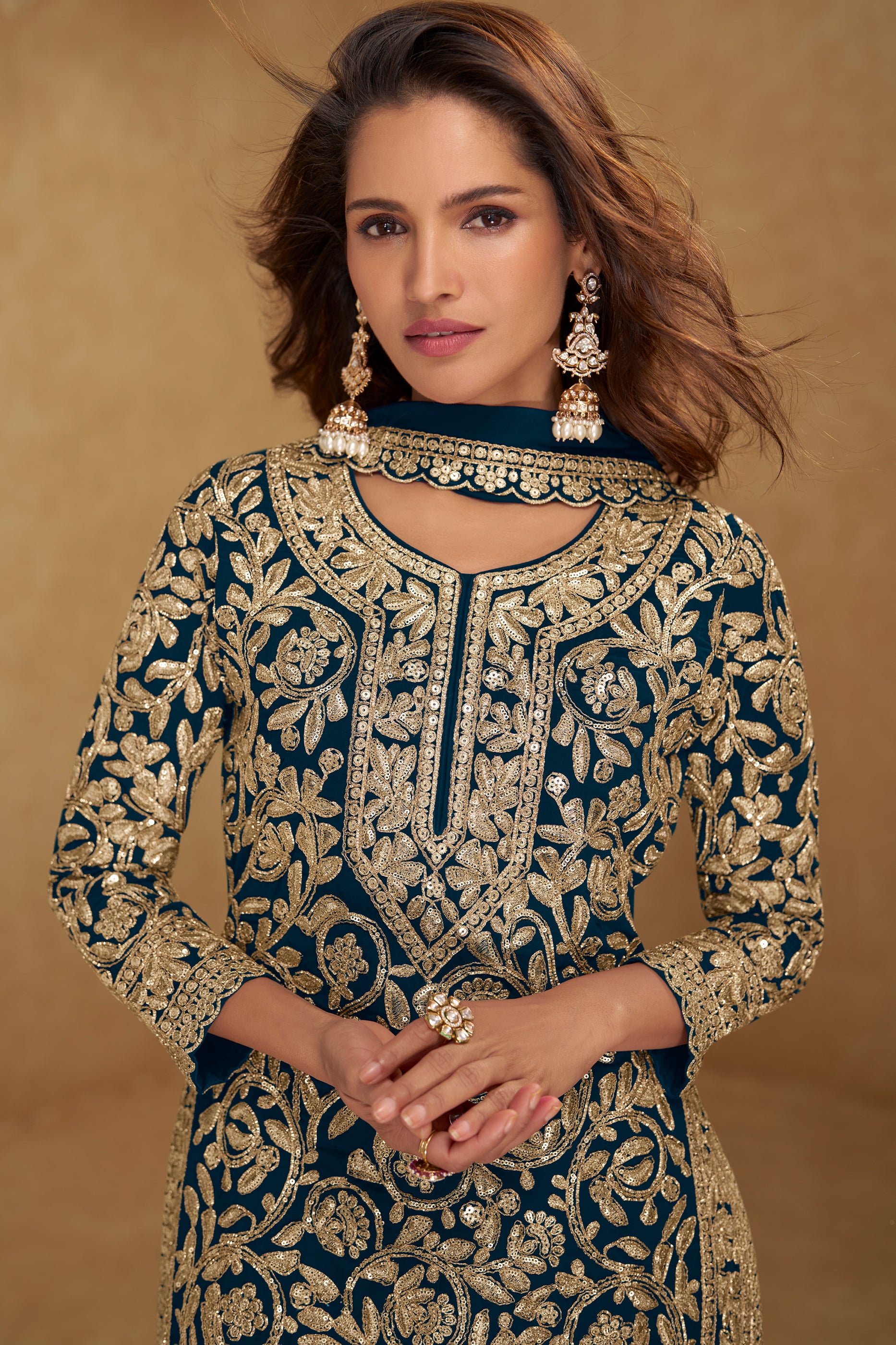 Teal Blue Readymade Embroidered Georgette Suit-SAR12205_2_SareeButa.com