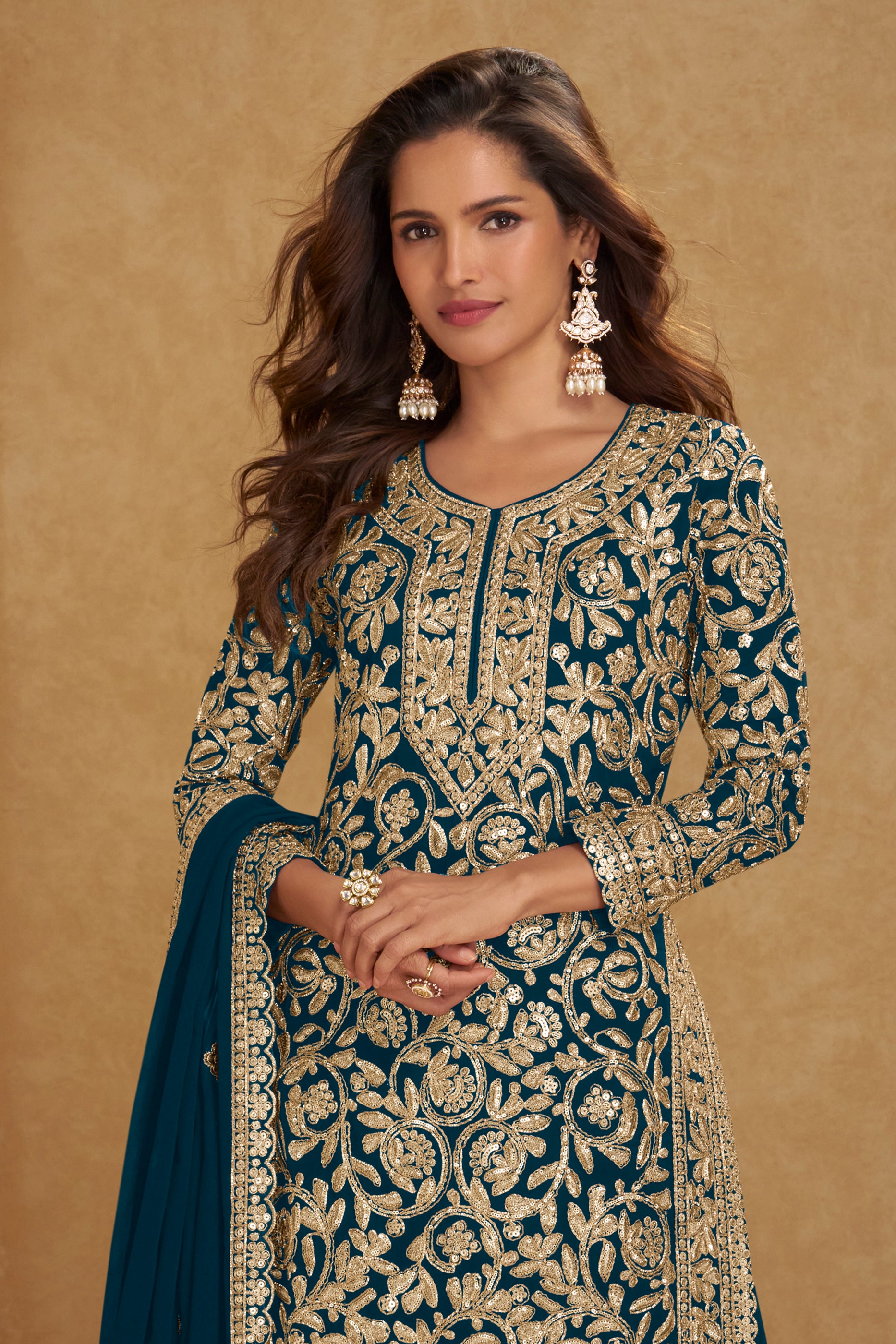 Teal Blue Readymade Embroidered Georgette Suit-SAR12205_3_SareeButa.com
