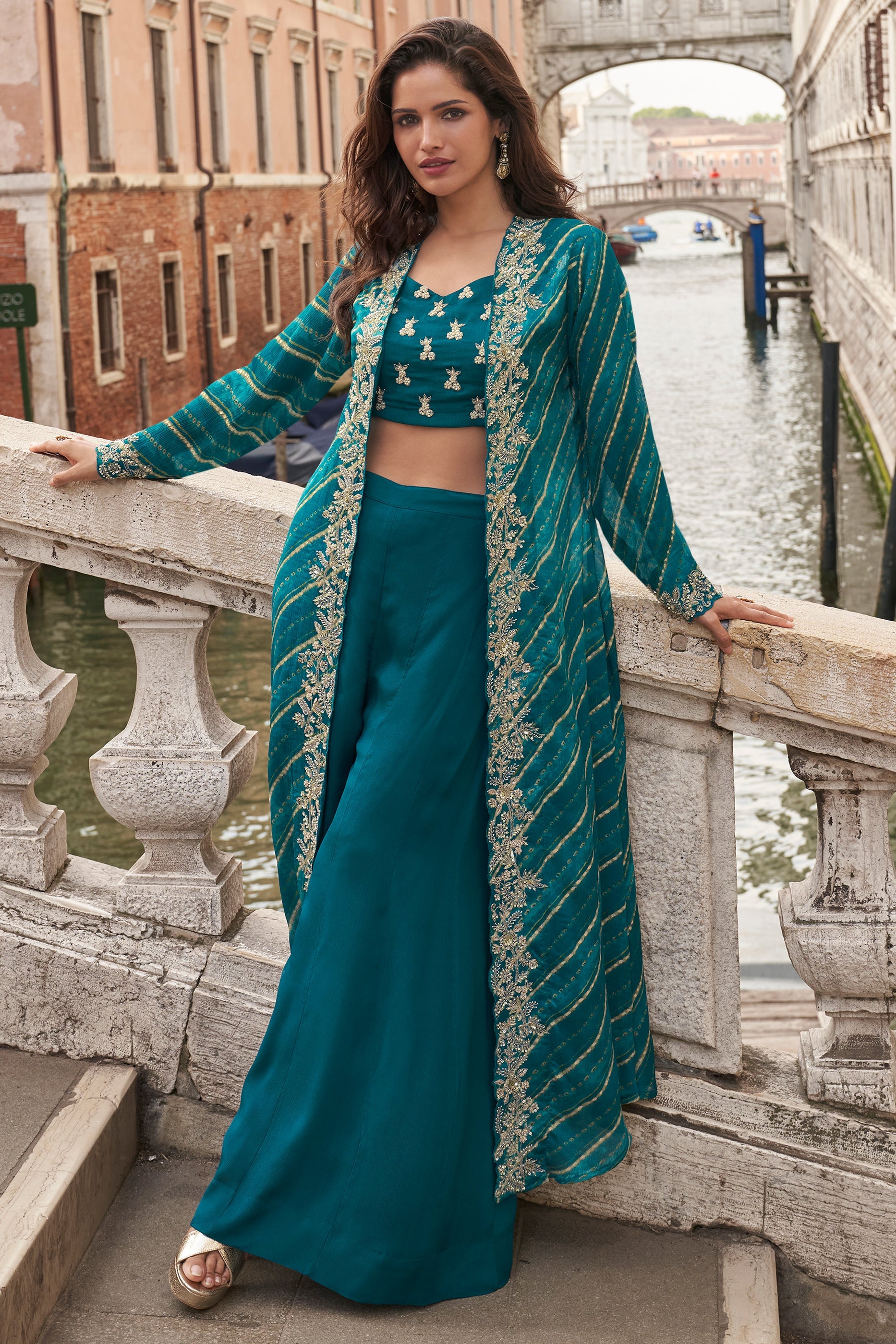 Teal Blue Readymade Embroidered Palazzo Set-SAR10662_1_SareeButa.com