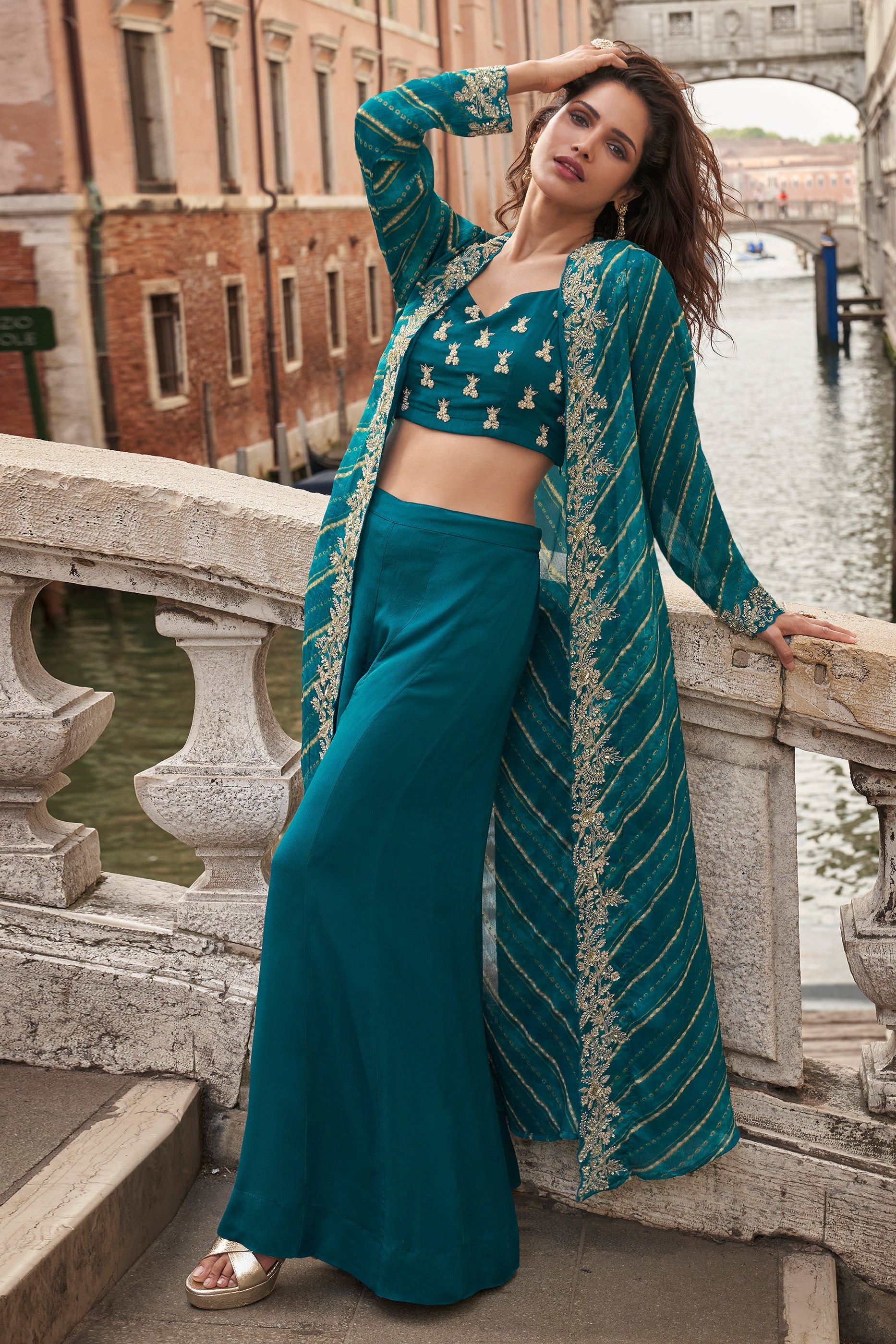 Teal Blue Readymade Embroidered Palazzo Set-SAR10662_3_SareeButa.com