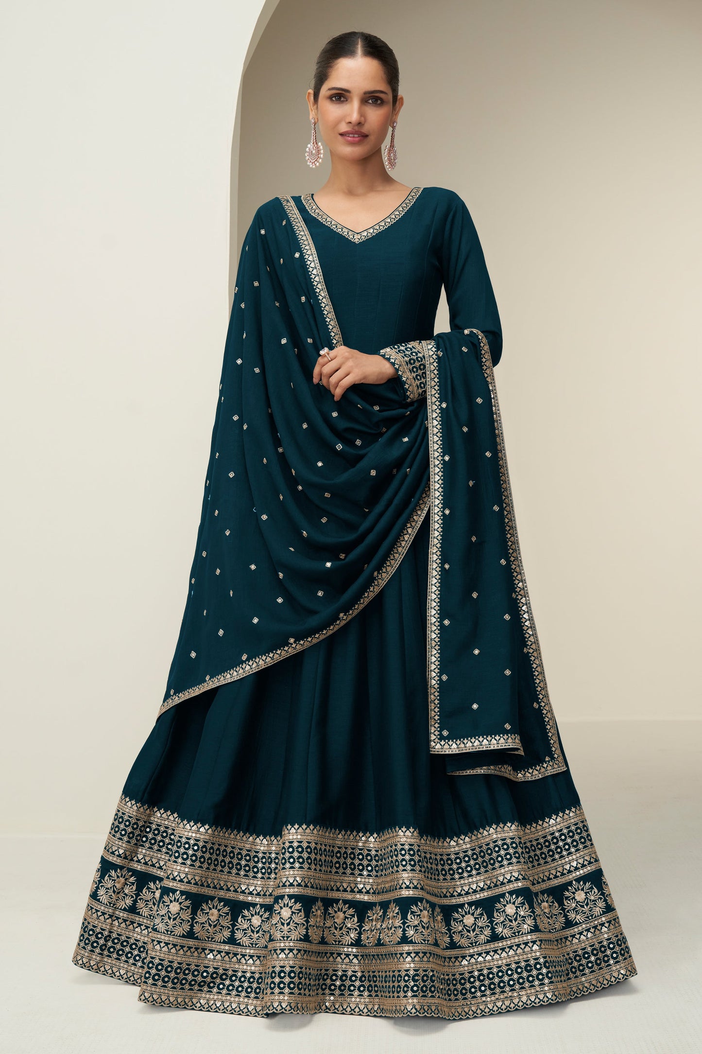 Teal Blue Readymade Embroidered Silk Gown With Dupatta-SAR10775_1_SareeButa.com