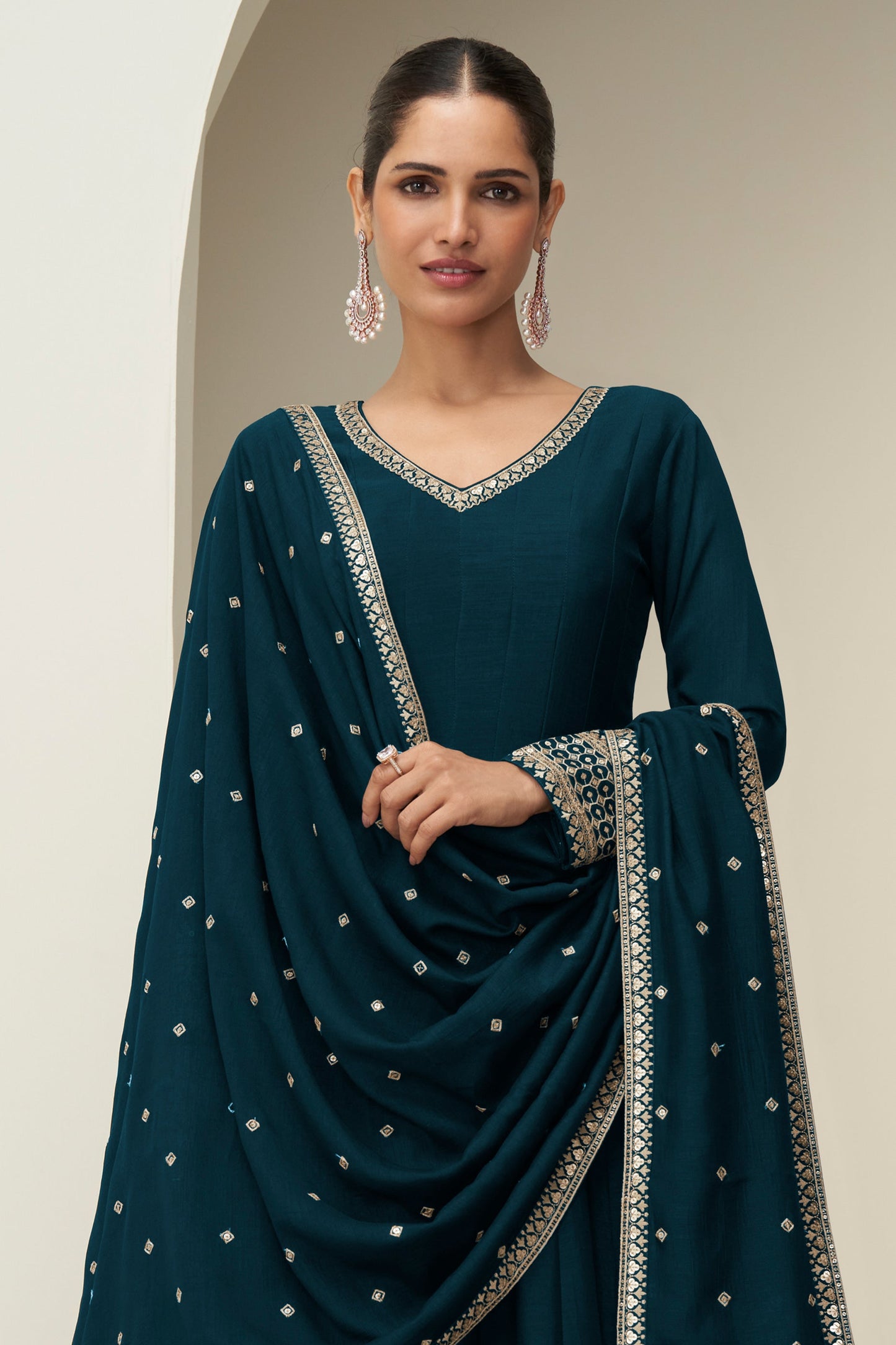 Teal Blue Readymade Embroidered Silk Gown With Dupatta-SAR10775_3_SareeButa.com