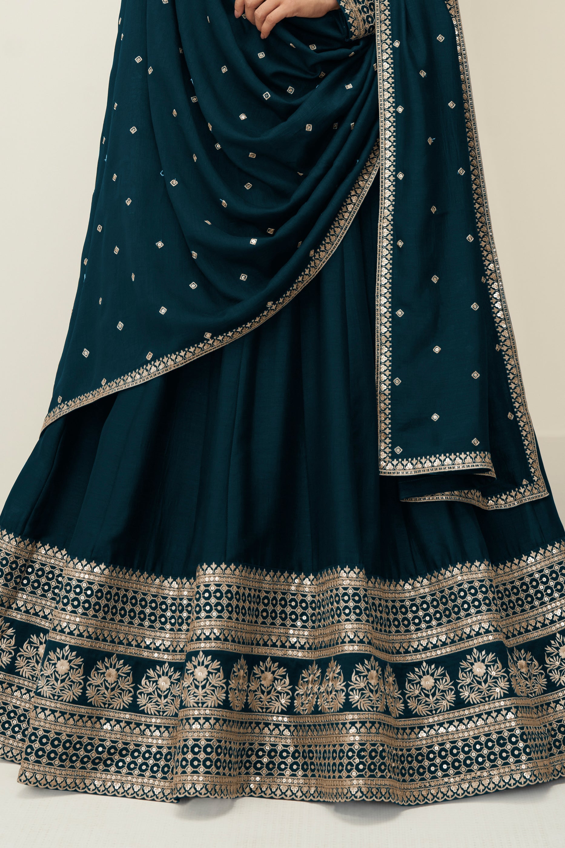 Teal Blue Readymade Embroidered Silk Gown With Dupatta-SAR10775_4_SareeButa.com