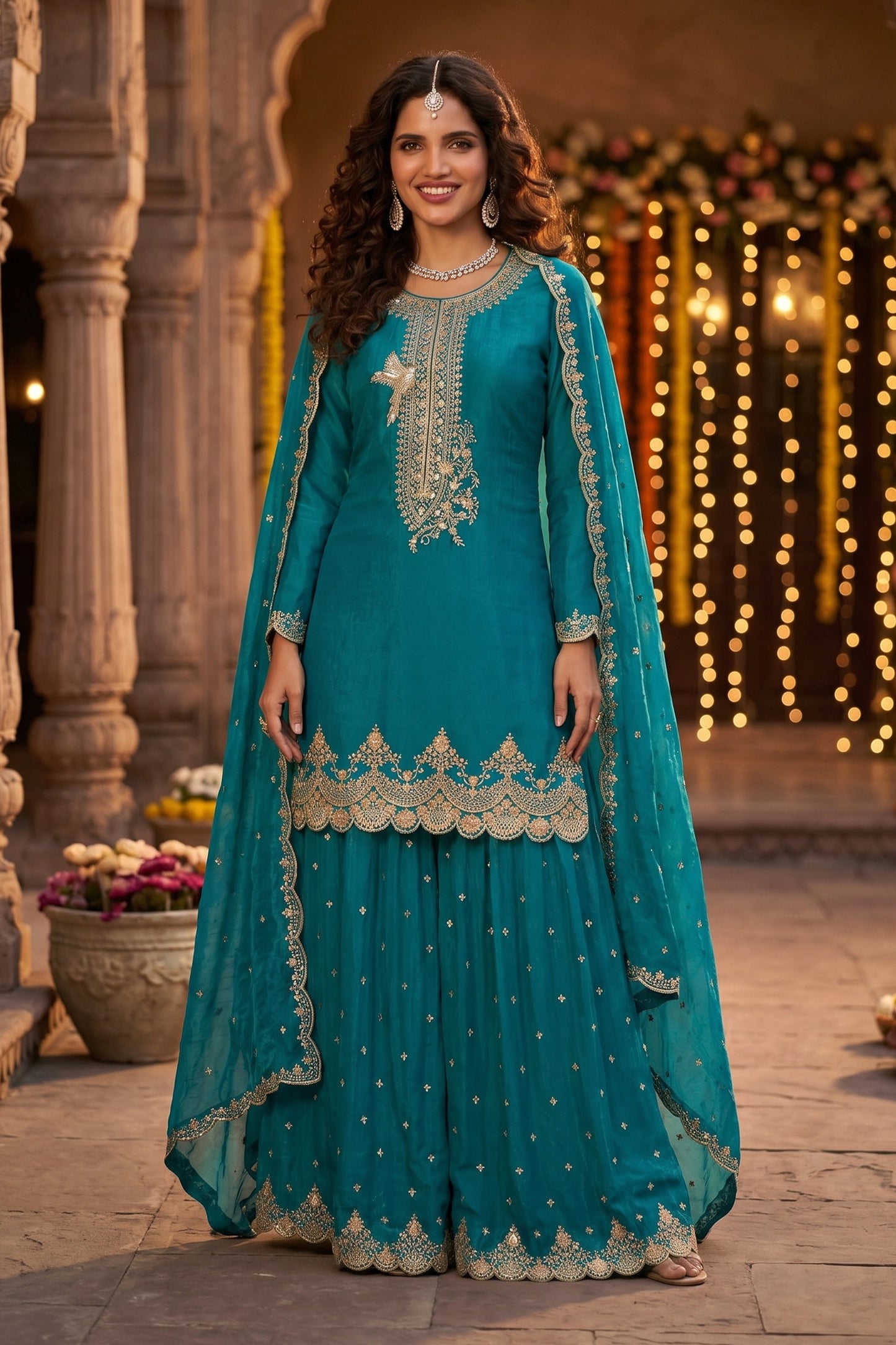 Teal Blue Readymade Embroidered Silk Sharara Suit-SAR13000_1_SareeButa.com