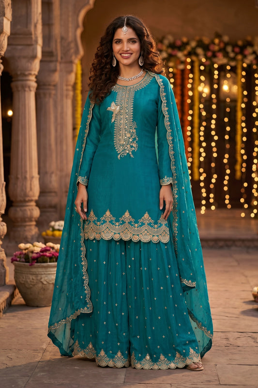 Teal Blue Readymade Embroidered Silk Sharara Suit-SAR13000_1_SareeButa.com