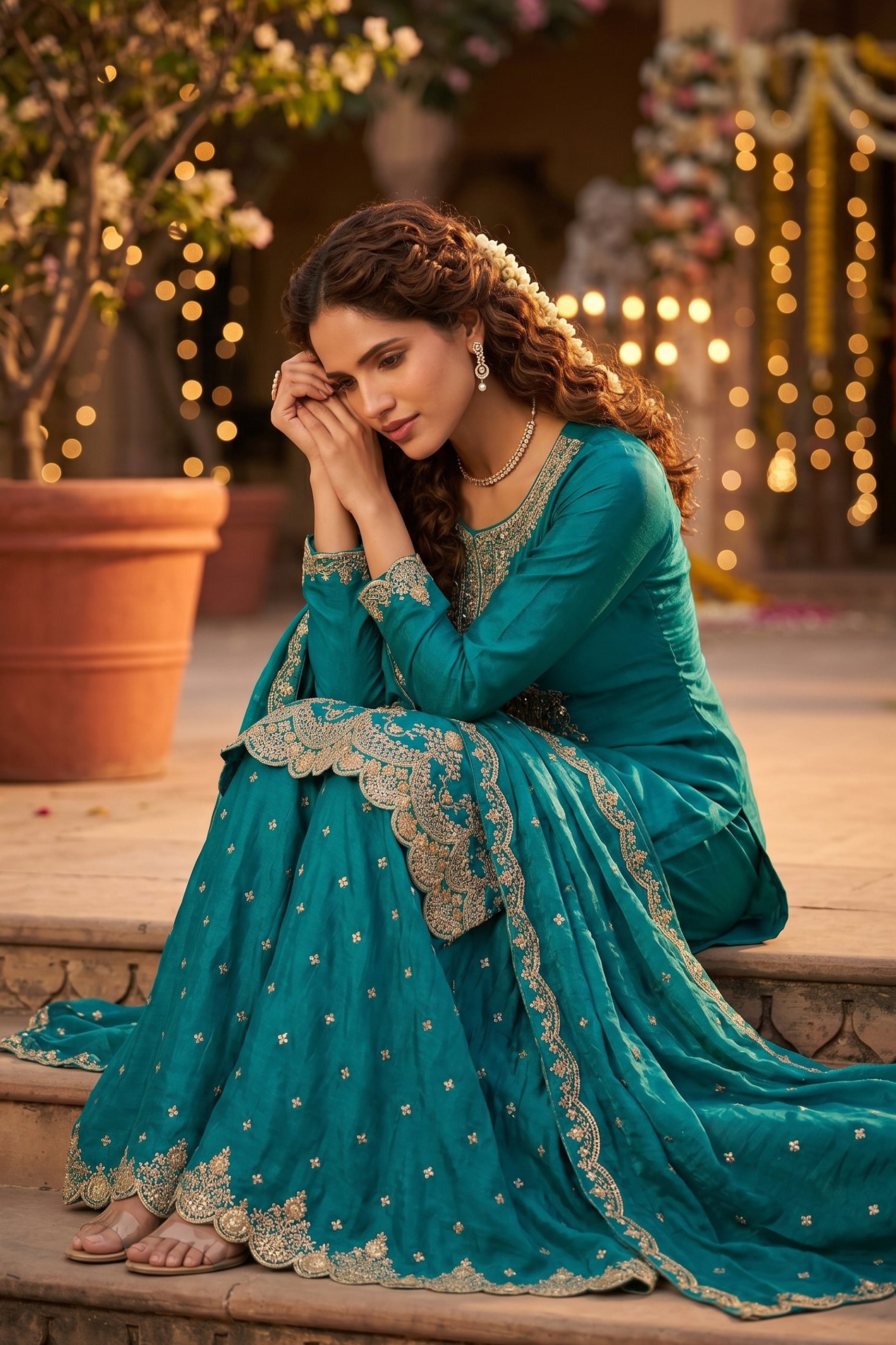 Teal Blue Readymade Embroidered Silk Sharara Suit-SAR13000_2_SareeButa.com