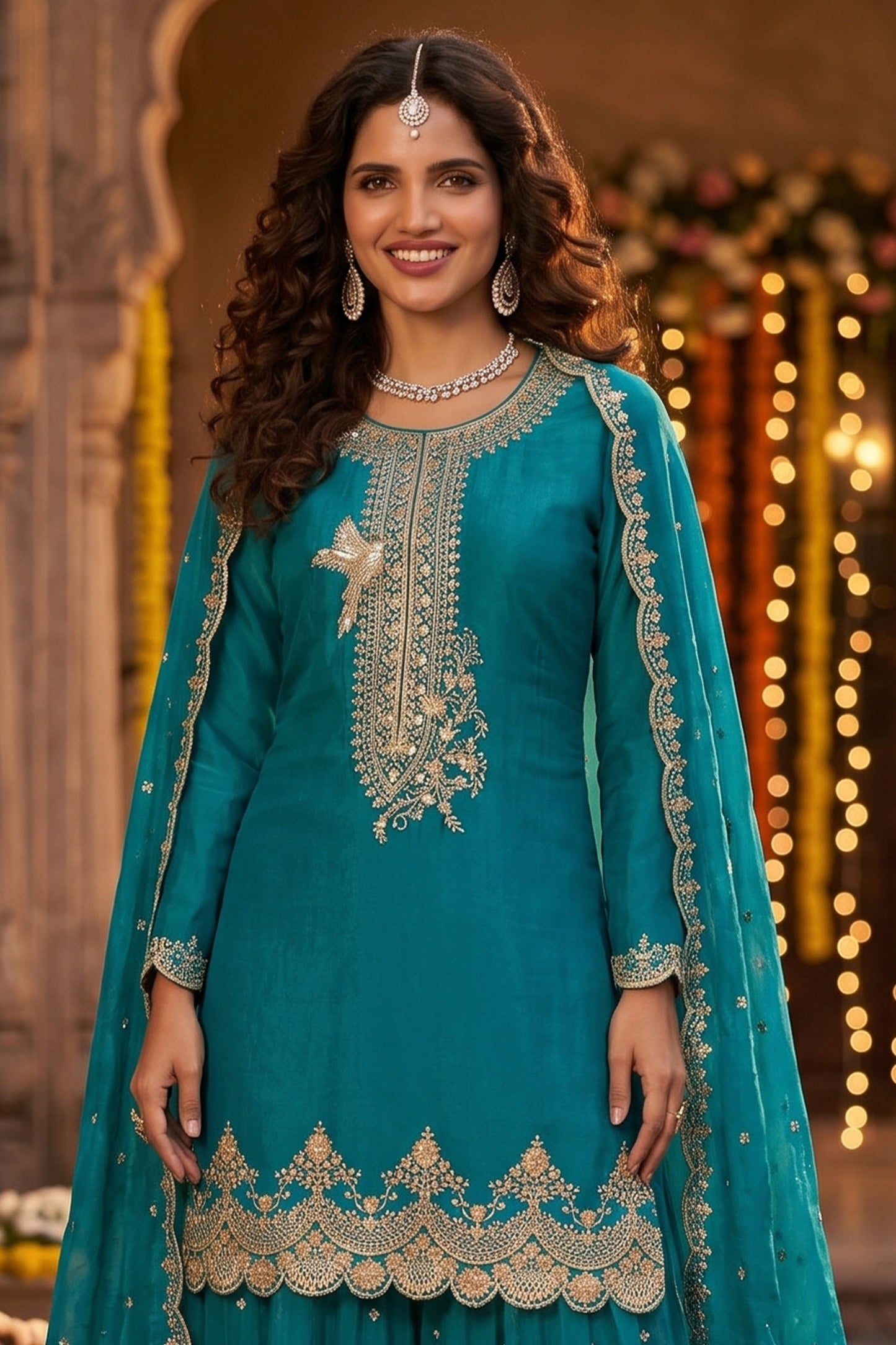 Teal Blue Readymade Embroidered Silk Sharara Suit-SAR13000_5_SareeButa.com