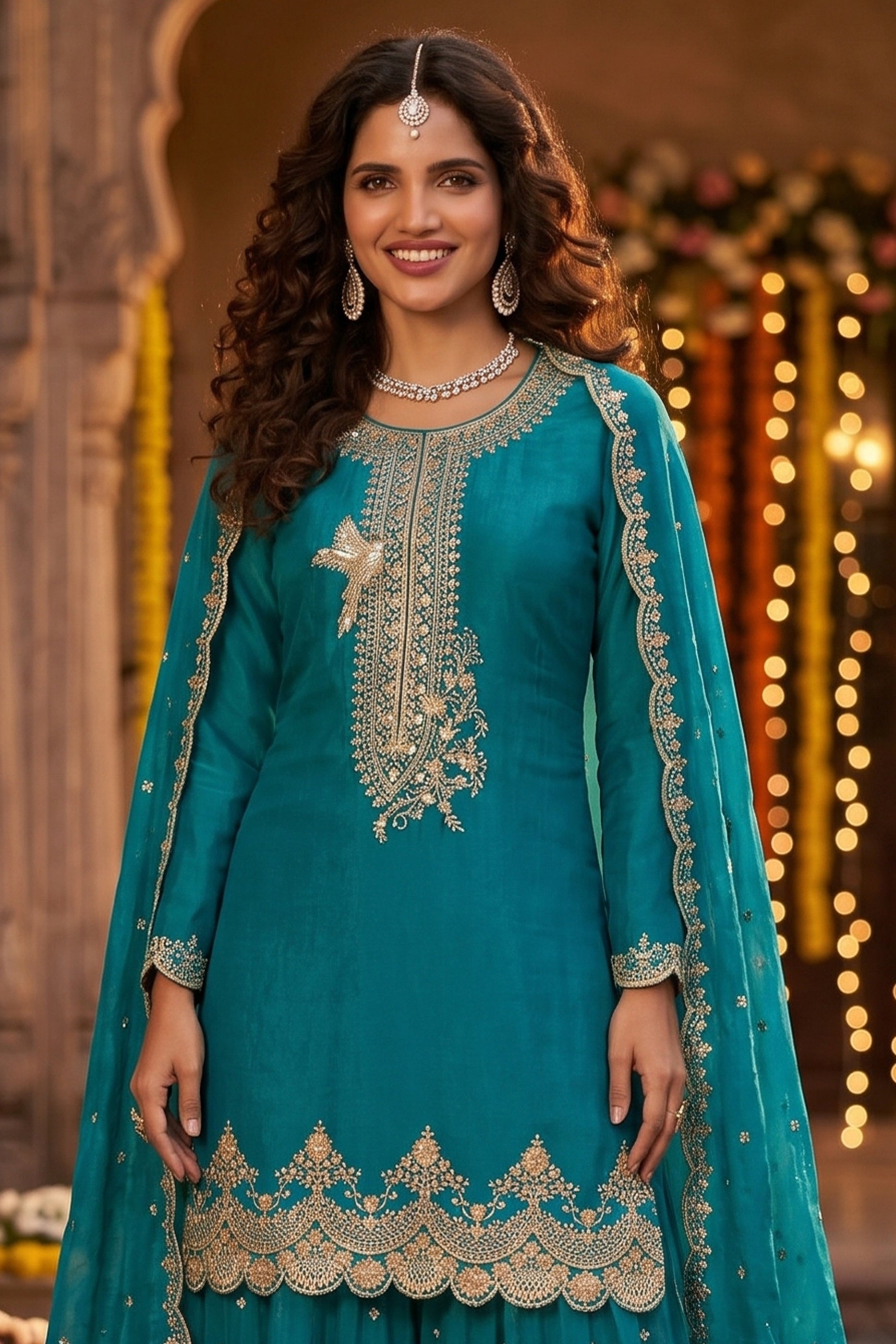 Teal Blue Readymade Embroidered Silk Sharara Suit-SAR13000_5_SareeButa.com
