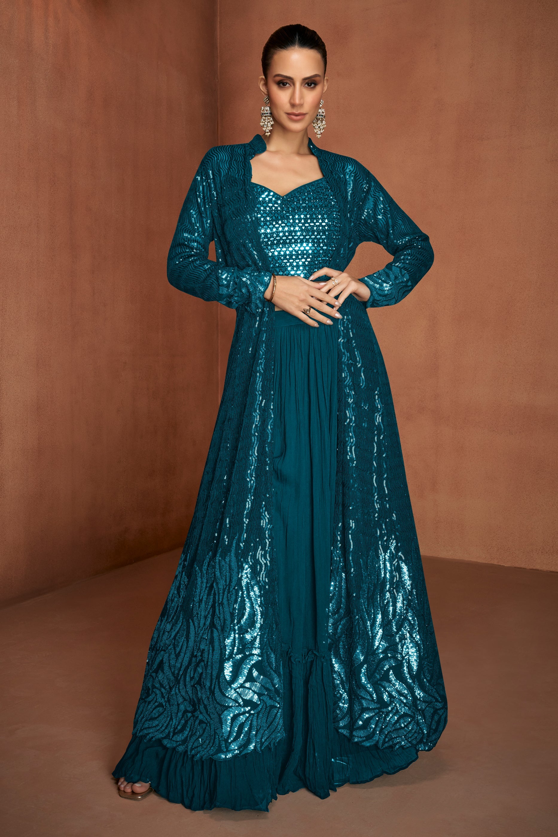 Teal Blue Readymade Georgette Skirt Set With Shrug-SAR12147_1_SareeButa.com