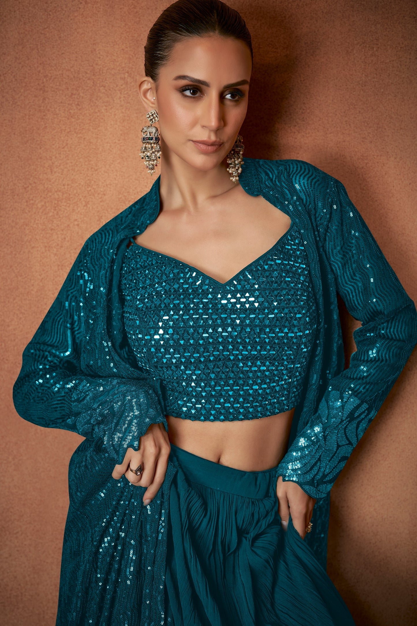 Teal Blue Readymade Georgette Skirt Set With Shrug-SAR12147_2_SareeButa.com