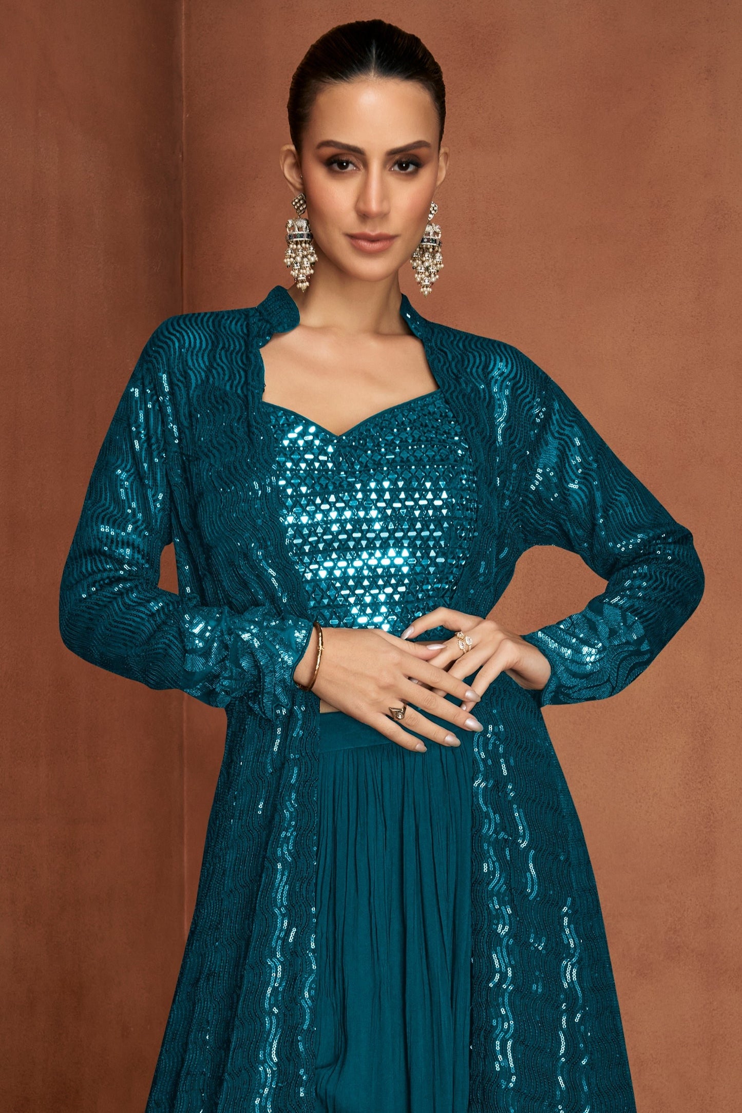 Teal Blue Readymade Georgette Skirt Set With Shrug-SAR12147_3_SareeButa.com