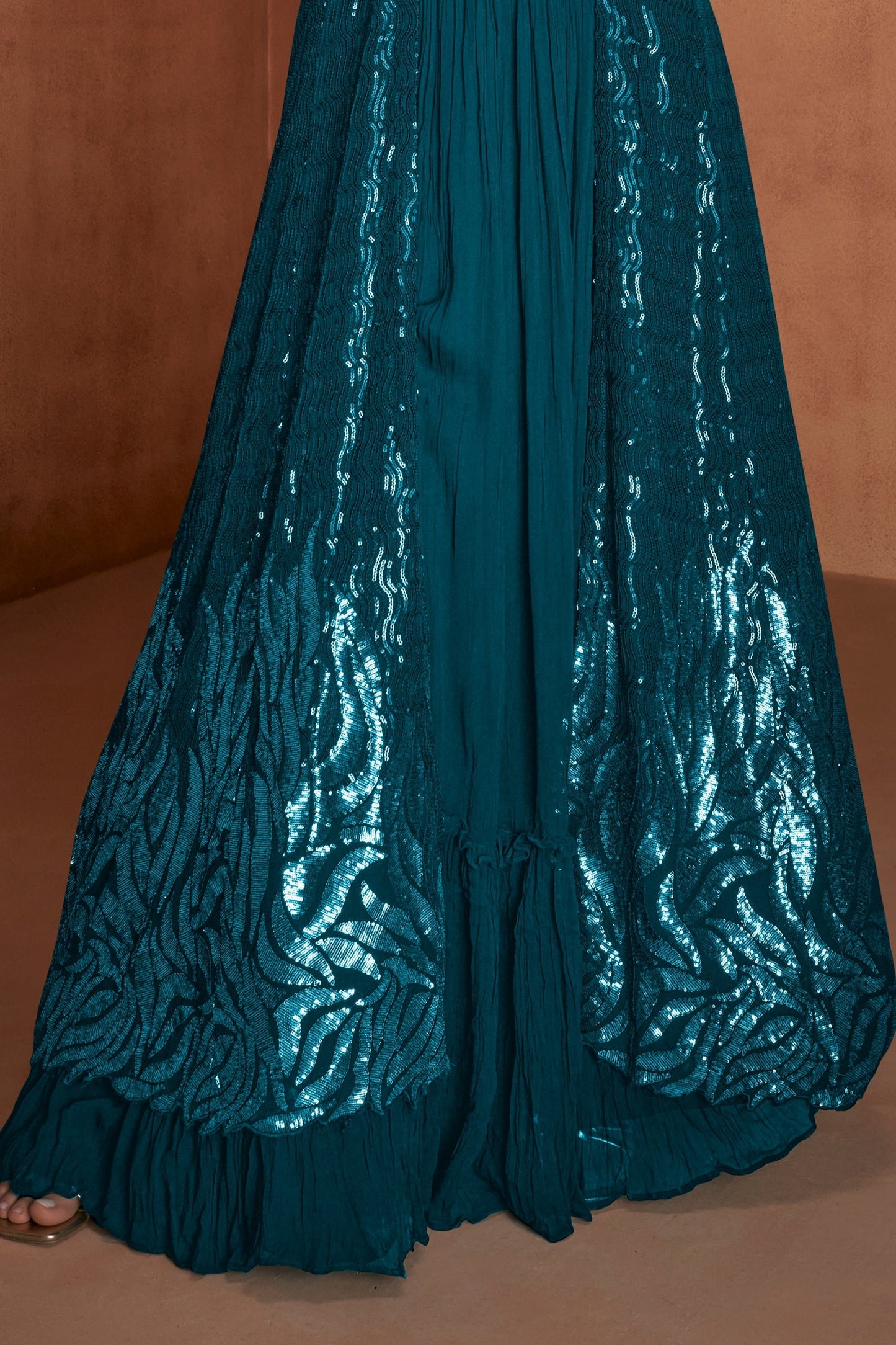 Teal Blue Readymade Georgette Skirt Set With Shrug-SAR12147_4_SareeButa.com