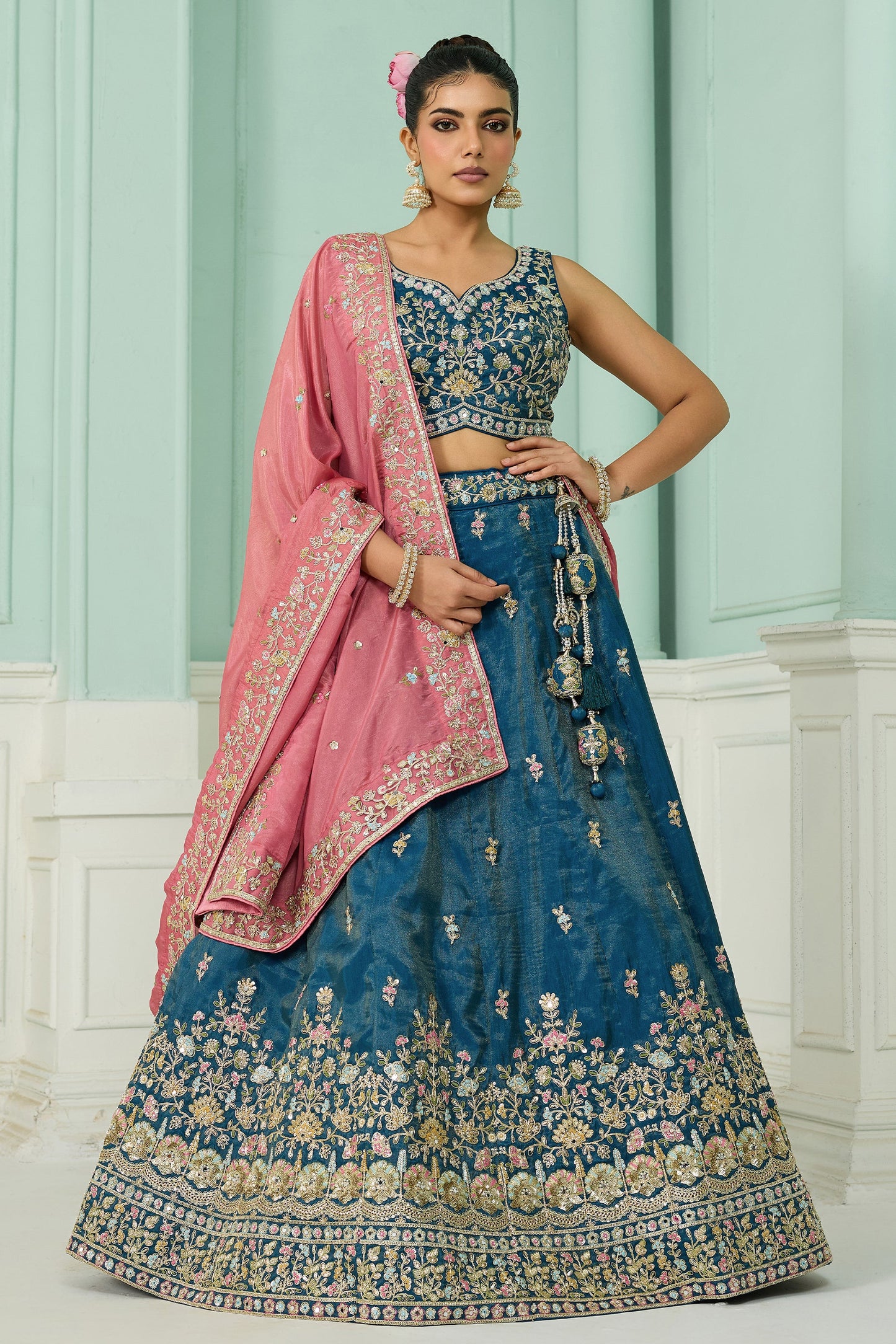 Teal Blue Semi-Stitched Embroidered Silk Lehenga-SAR10692_1_SareeButa.com