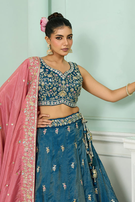 Teal Blue Semi-Stitched Embroidered Silk Lehenga-SAR10692_2_SareeButa.com