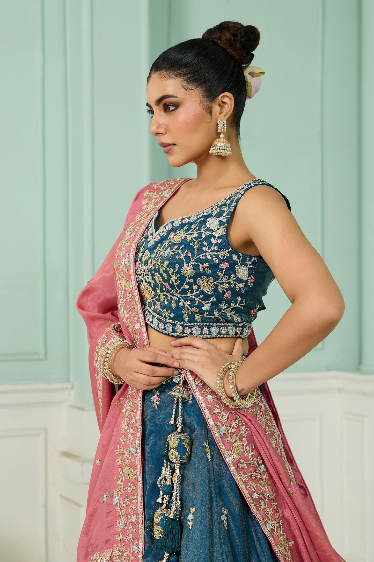 Teal Blue Semi-Stitched Embroidered Silk Lehenga-SAR10692_3_SareeButa.com