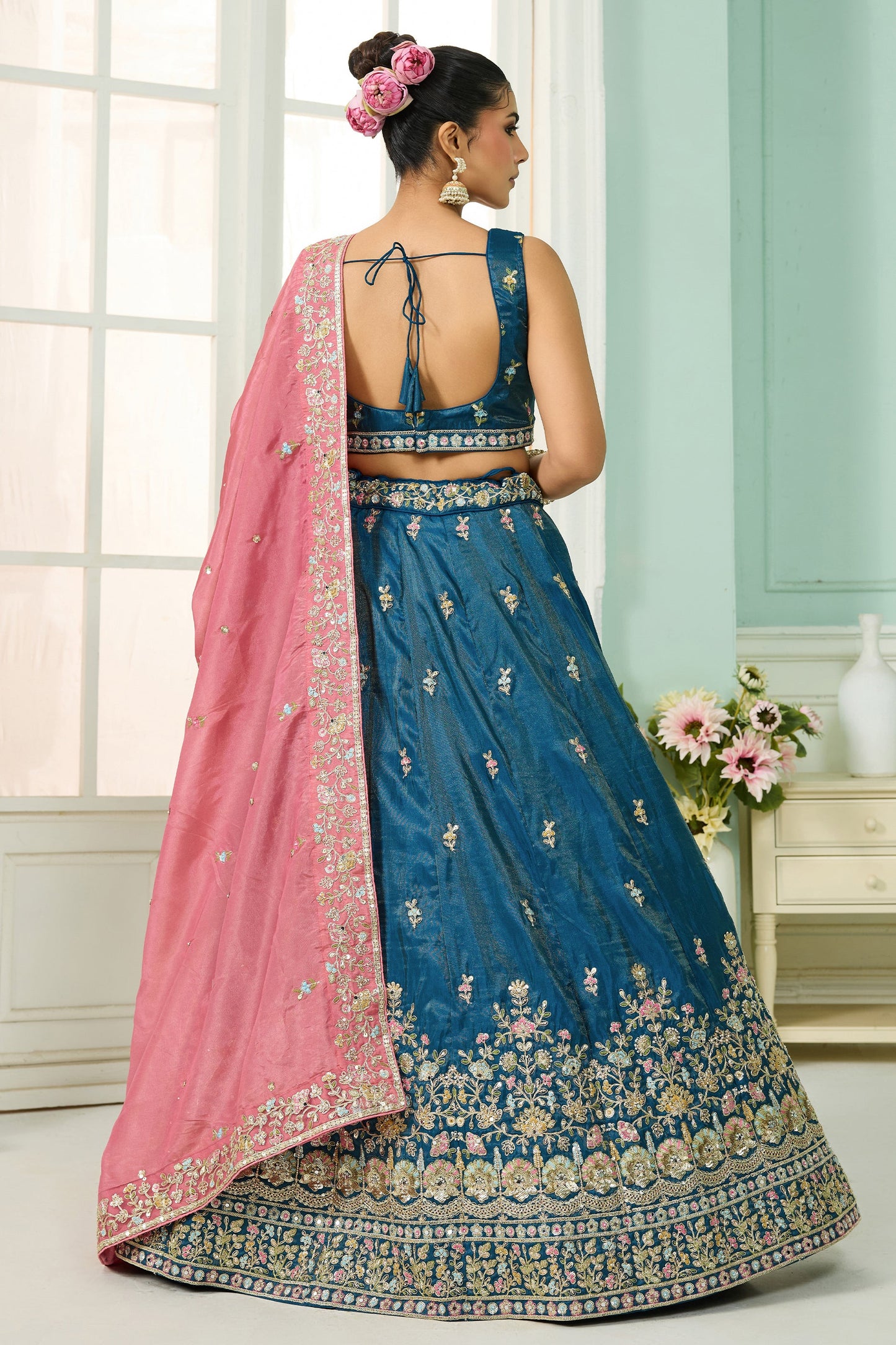Teal Blue Semi-Stitched Embroidered Silk Lehenga-SAR10692_4_SareeButa.com
