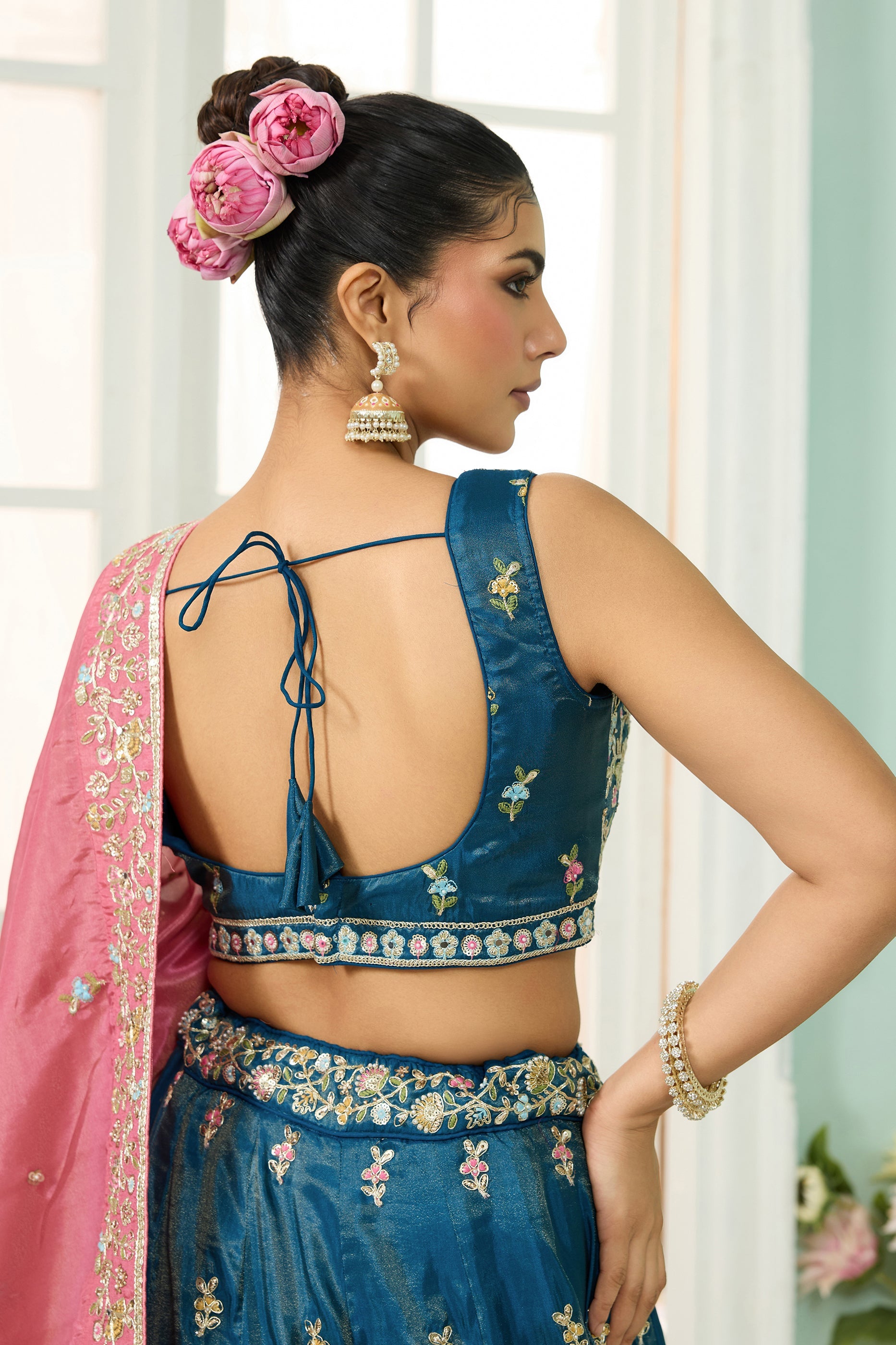 Teal Blue Semi-Stitched Embroidered Silk Lehenga-SAR10692_5_SareeButa.com