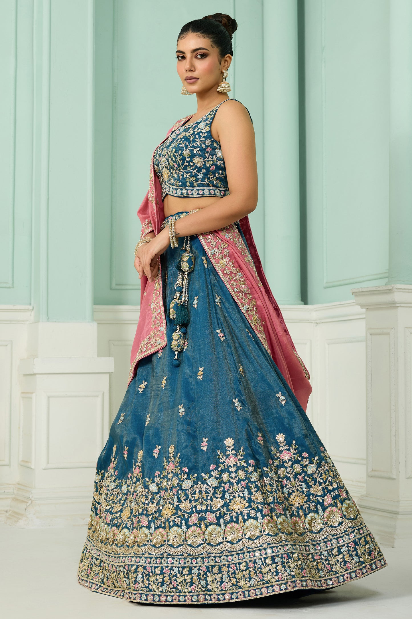 Teal Blue Semi-Stitched Embroidered Silk Lehenga