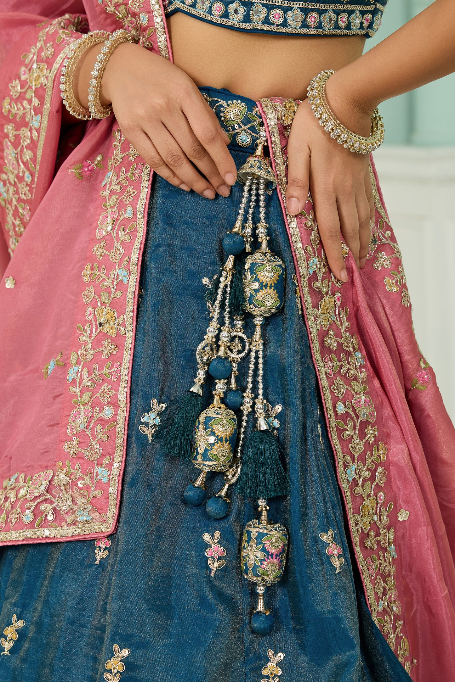 Teal Blue Semi-Stitched Embroidered Silk Lehenga