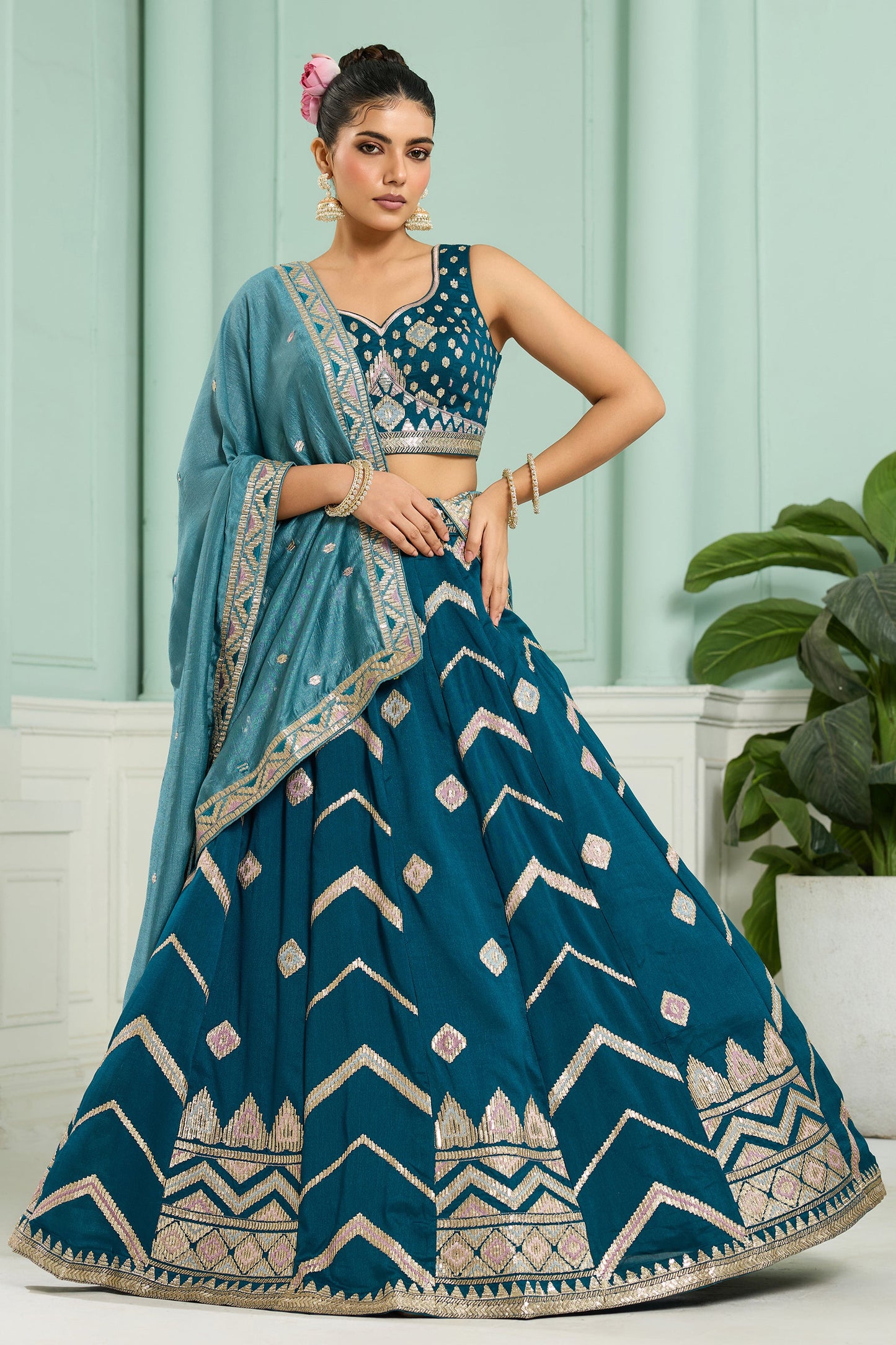 Teal Blue Semi-Stitched Embroidered Silk Lehenga-SAR10700_1_SareeButa.com