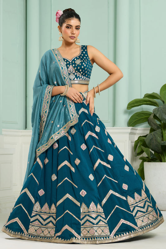 Teal Blue Semi-Stitched Embroidered Silk Lehenga-SAR10700_1_SareeButa.com
