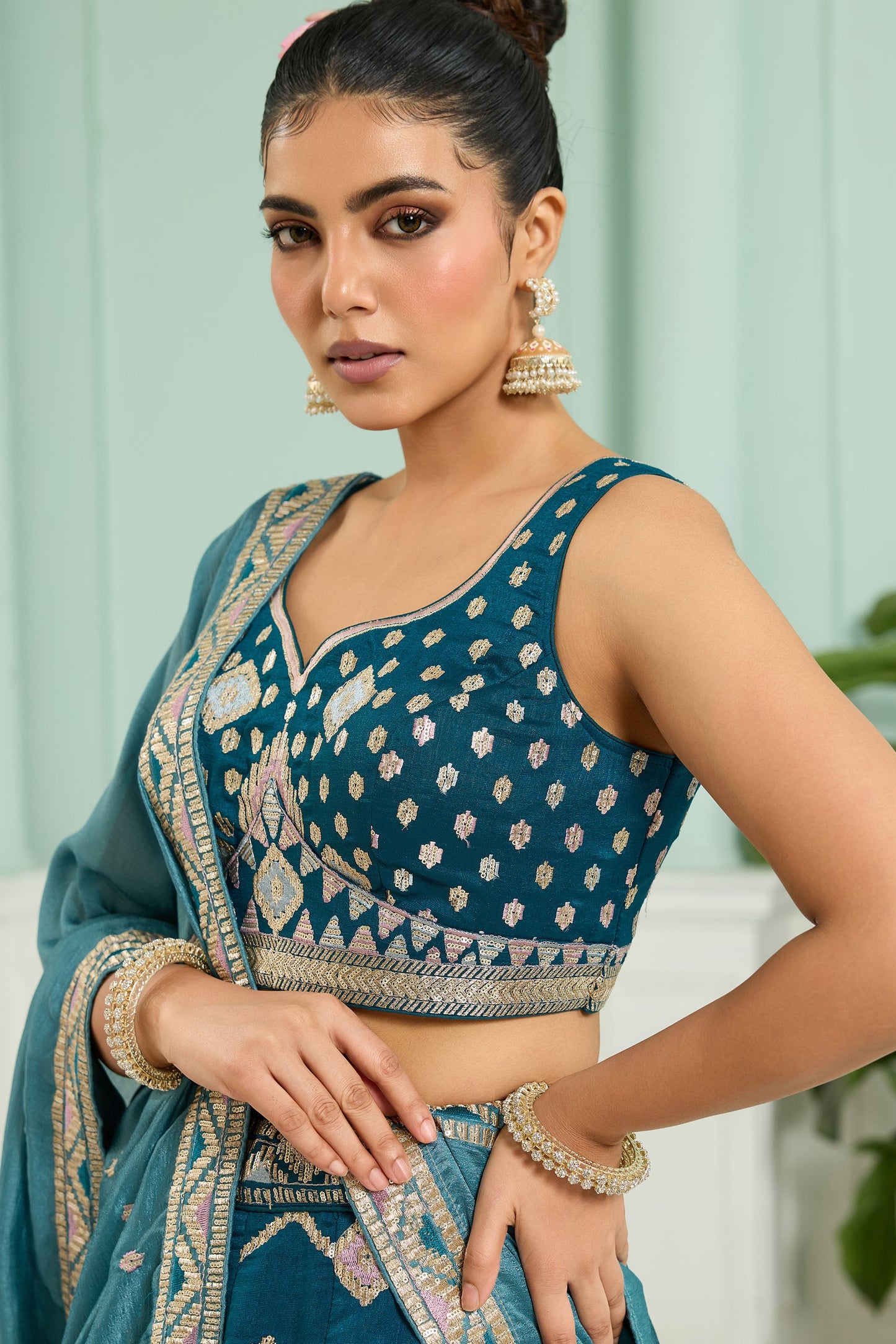 Teal Blue Semi-Stitched Embroidered Silk Lehenga-SAR10700_3_SareeButa.com