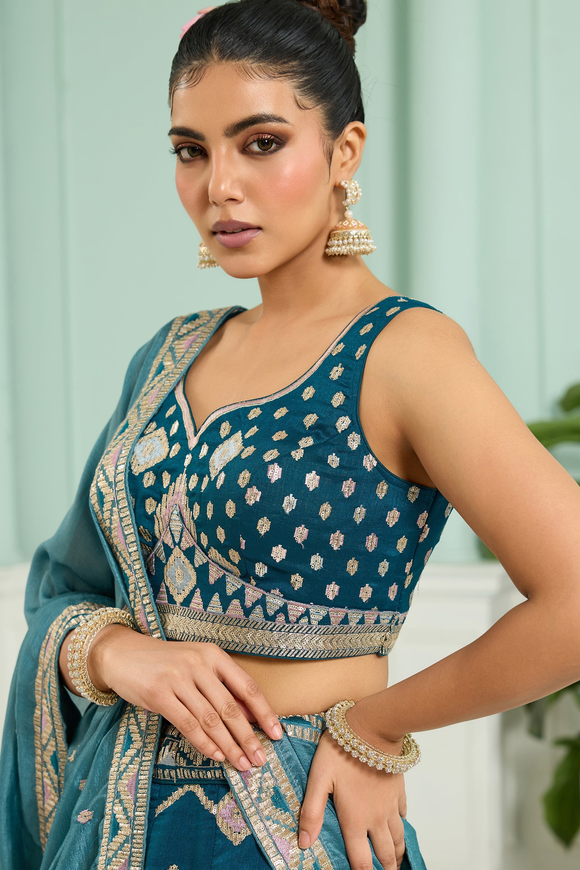Teal Blue Semi-Stitched Embroidered Silk Lehenga-SAR10700_3_SareeButa.com