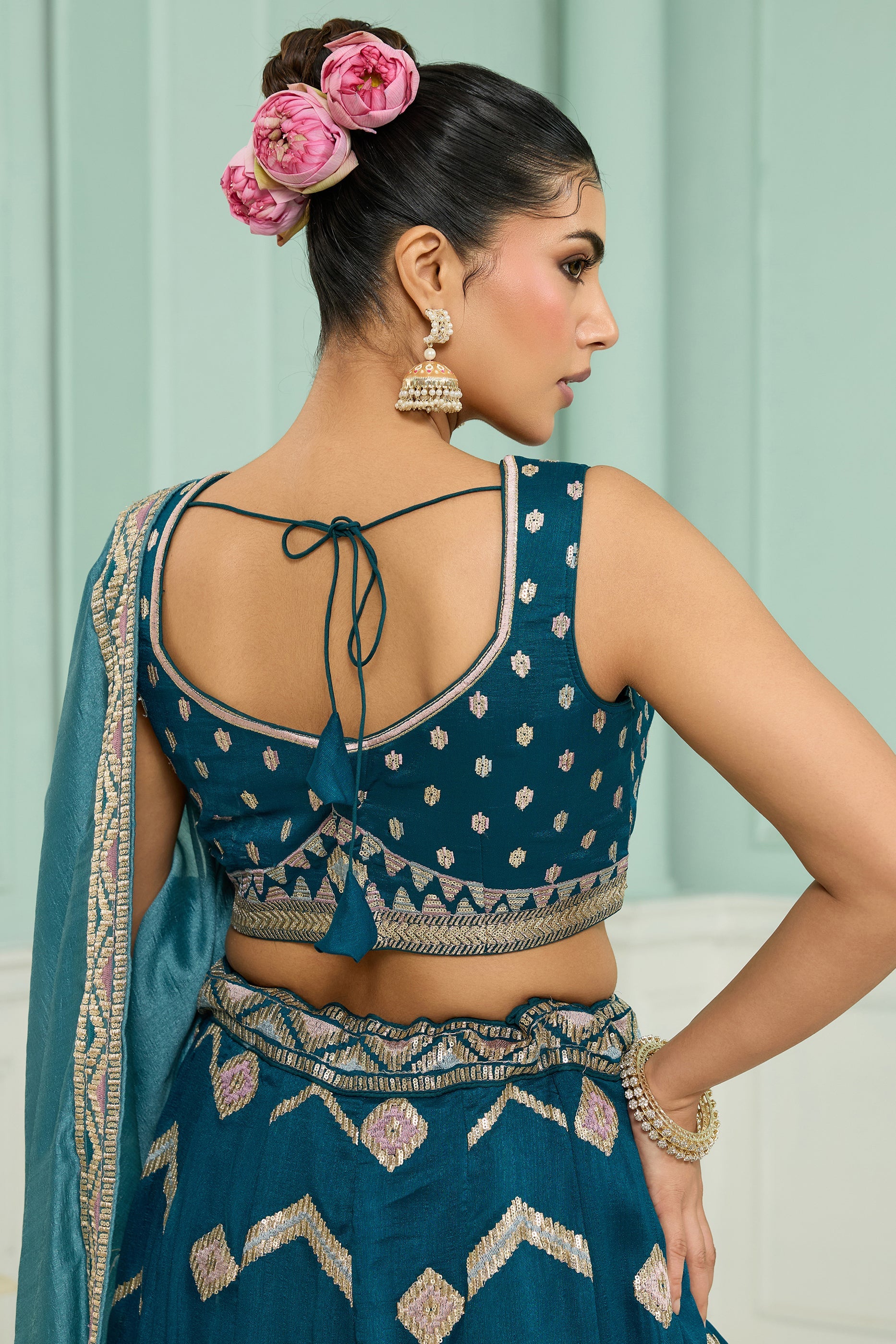 Teal Blue Semi-Stitched Embroidered Silk Lehenga-SAR10700_4_SareeButa.com