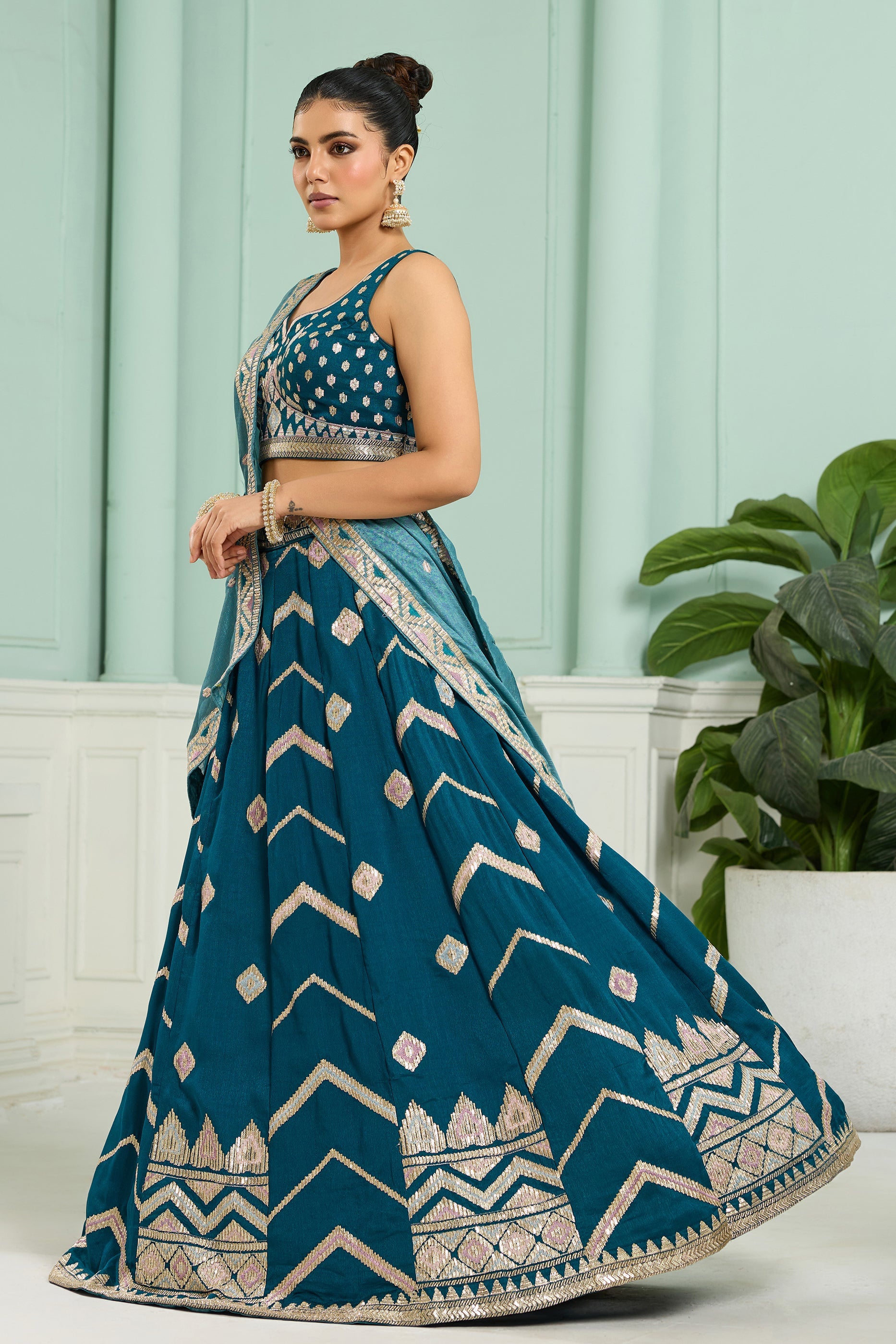 Teal Blue Semi-Stitched Embroidered Silk Lehenga-SAR10700_5_SareeButa.com