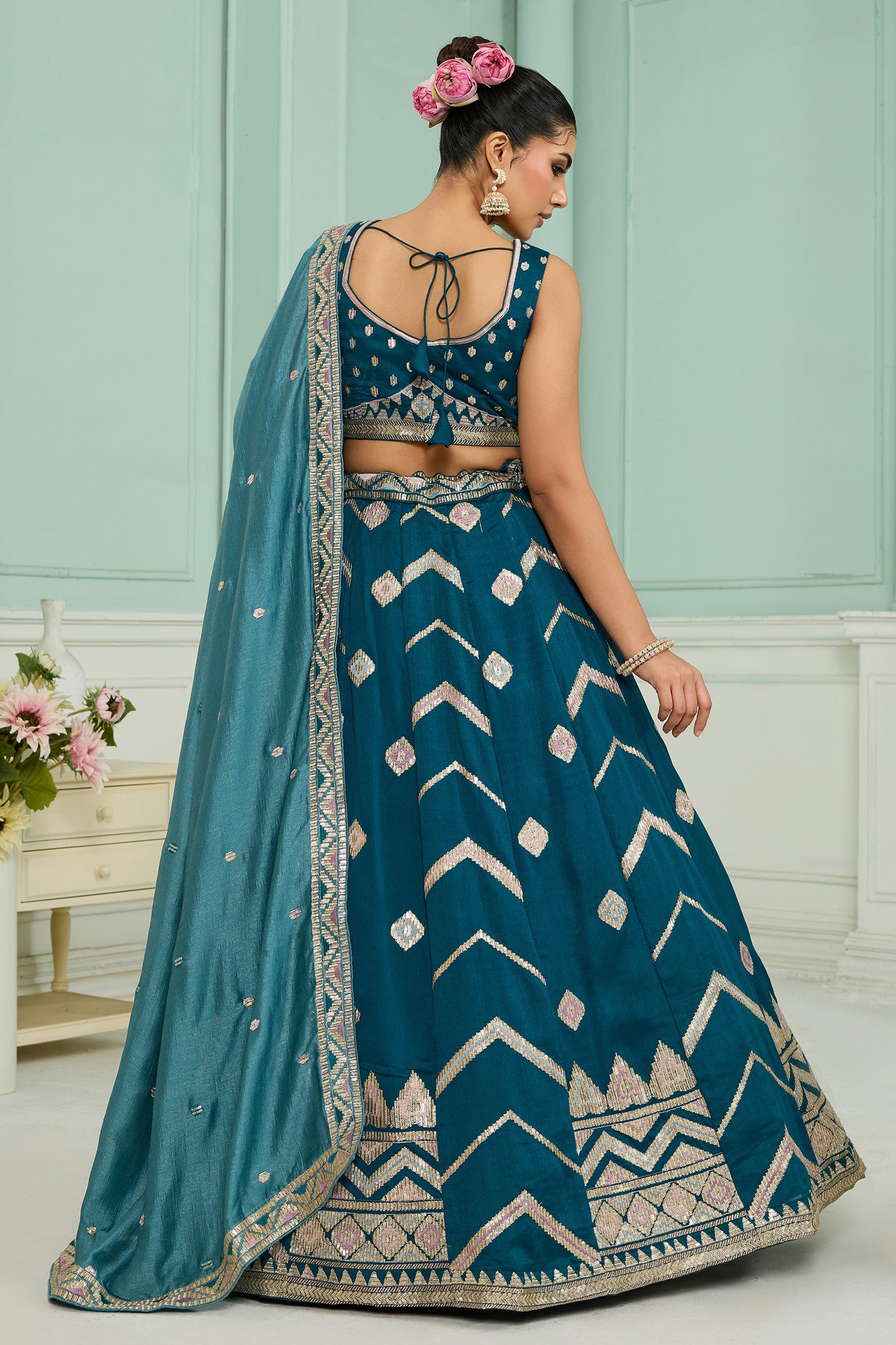 Teal Blue Semi-Stitched Embroidered Silk Lehenga