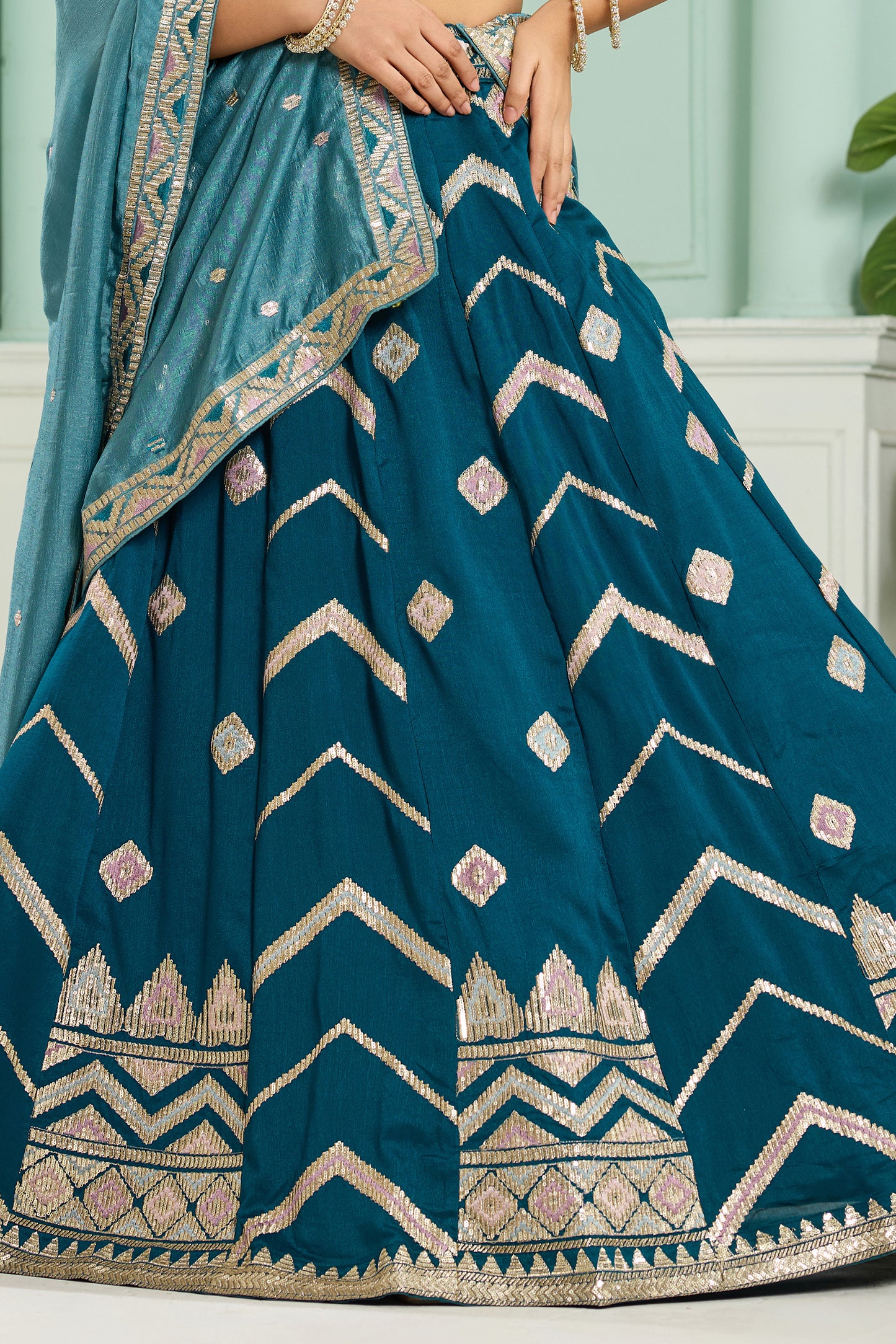 Teal Blue Semi-Stitched Embroidered Silk Lehenga
