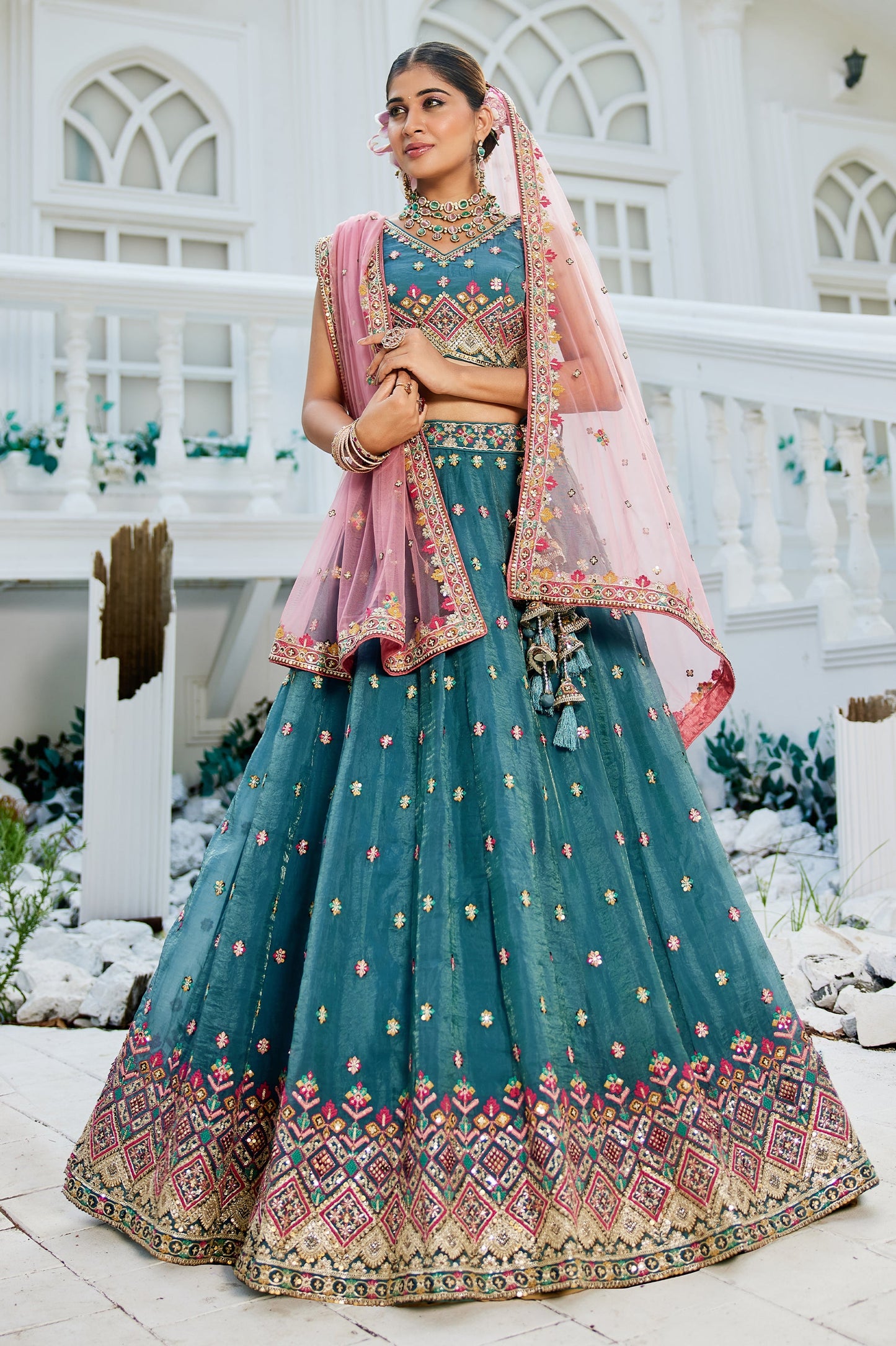 Teal Blue Readymade Embroidered Tissue Silk Lehenga-SAR10053_1_SareeButa.com