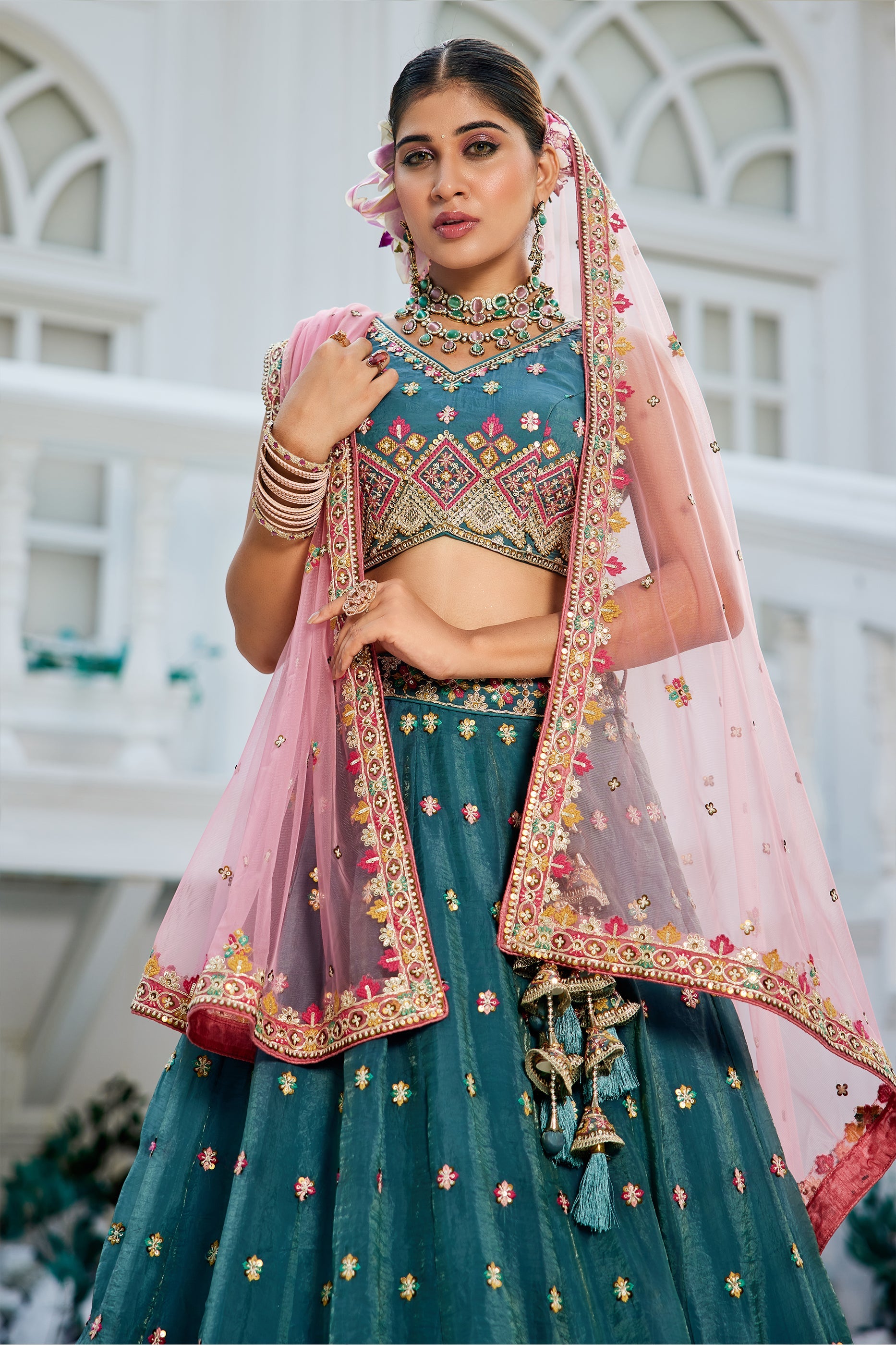 Teal Blue Readymade Embroidered Tissue Silk Lehenga-SAR10053_2_SareeButa.com