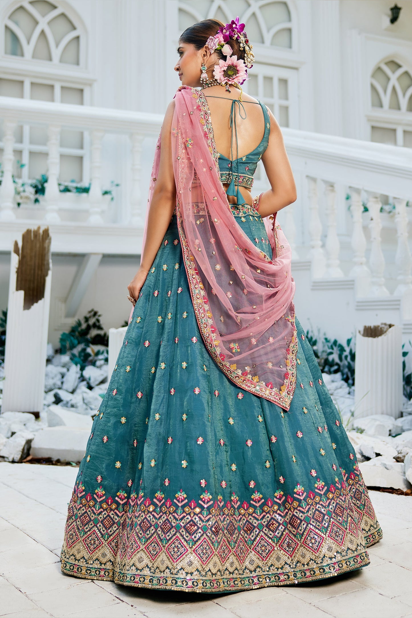 Teal Blue Readymade Embroidered Tissue Silk Lehenga-SAR10053_3_SareeButa.com