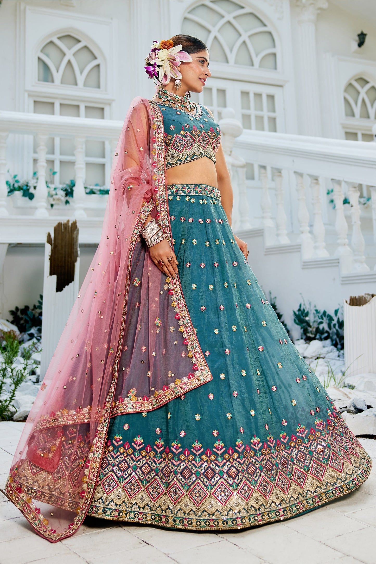 Teal Blue Readymade Embroidered Tissue Silk Lehenga-SAR10053_4_SareeButa.com