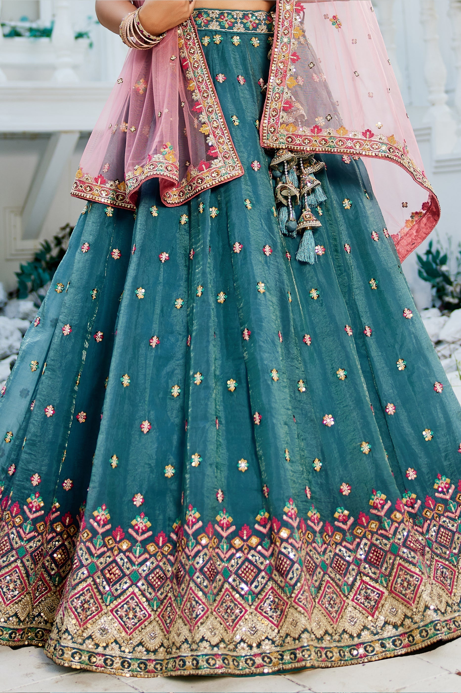 Teal Blue Readymade Embroidered Tissue Silk Lehenga-SAR10053_5_SareeButa.com