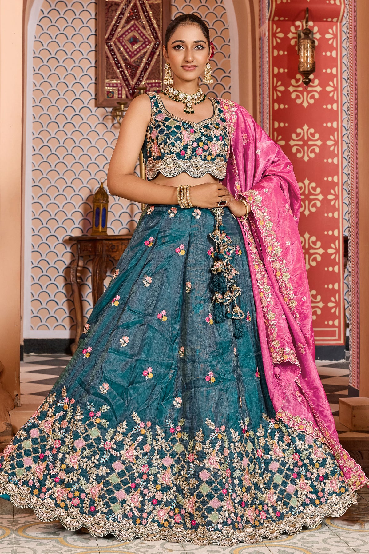 Teal Blue Semi Stitched Embroidered Tissue Lehenga-SAR12850_1_SareeButa.com