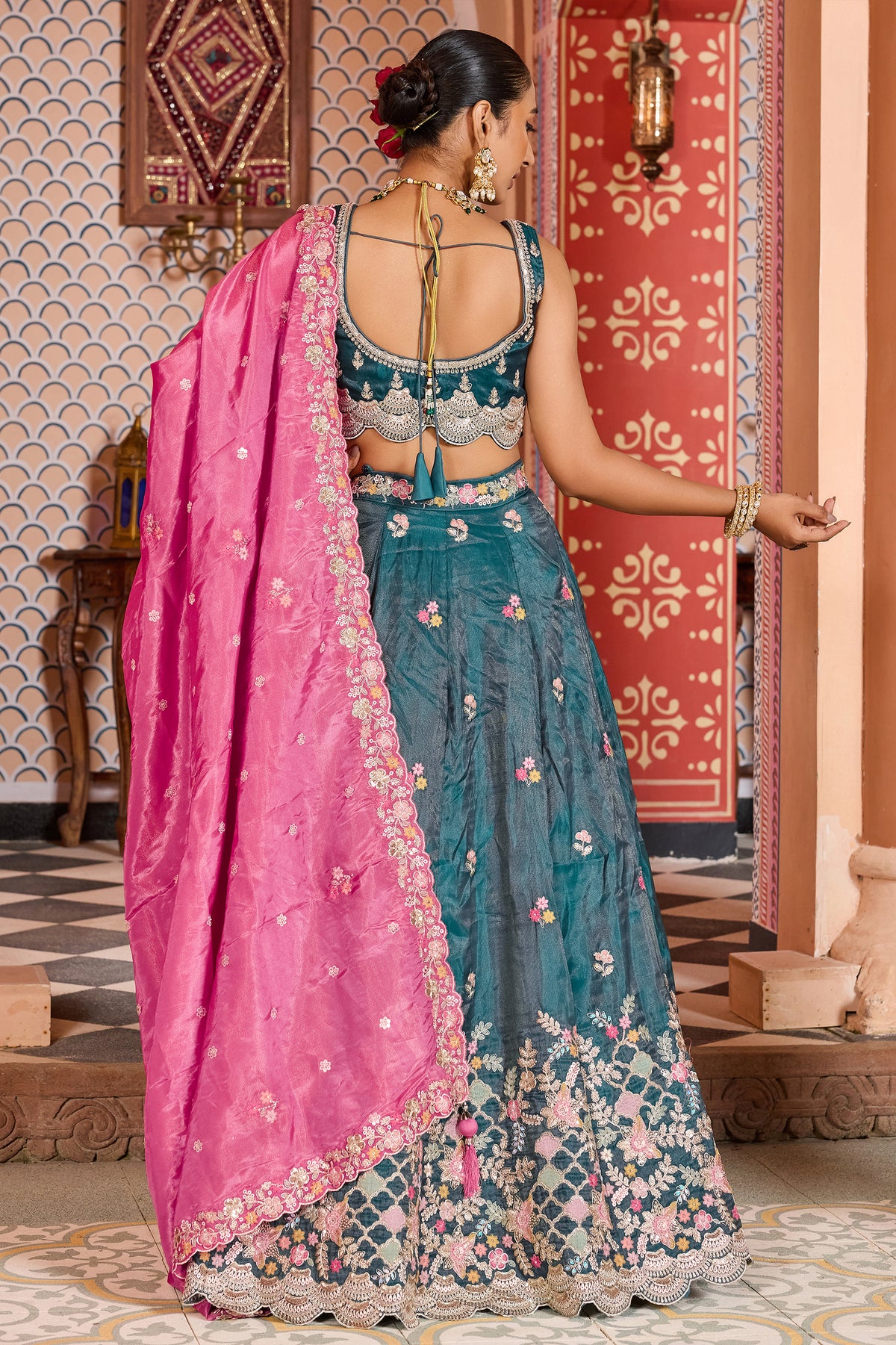 Teal Blue Semi Stitched Embroidered Tissue Lehenga-SAR12850_3_SareeButa.com