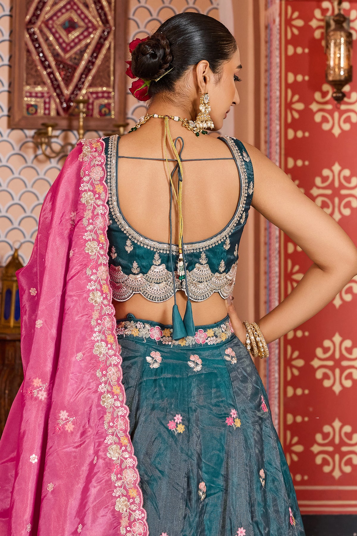 Teal Blue Semi Stitched Embroidered Tissue Lehenga-SAR12850_4_SareeButa.com