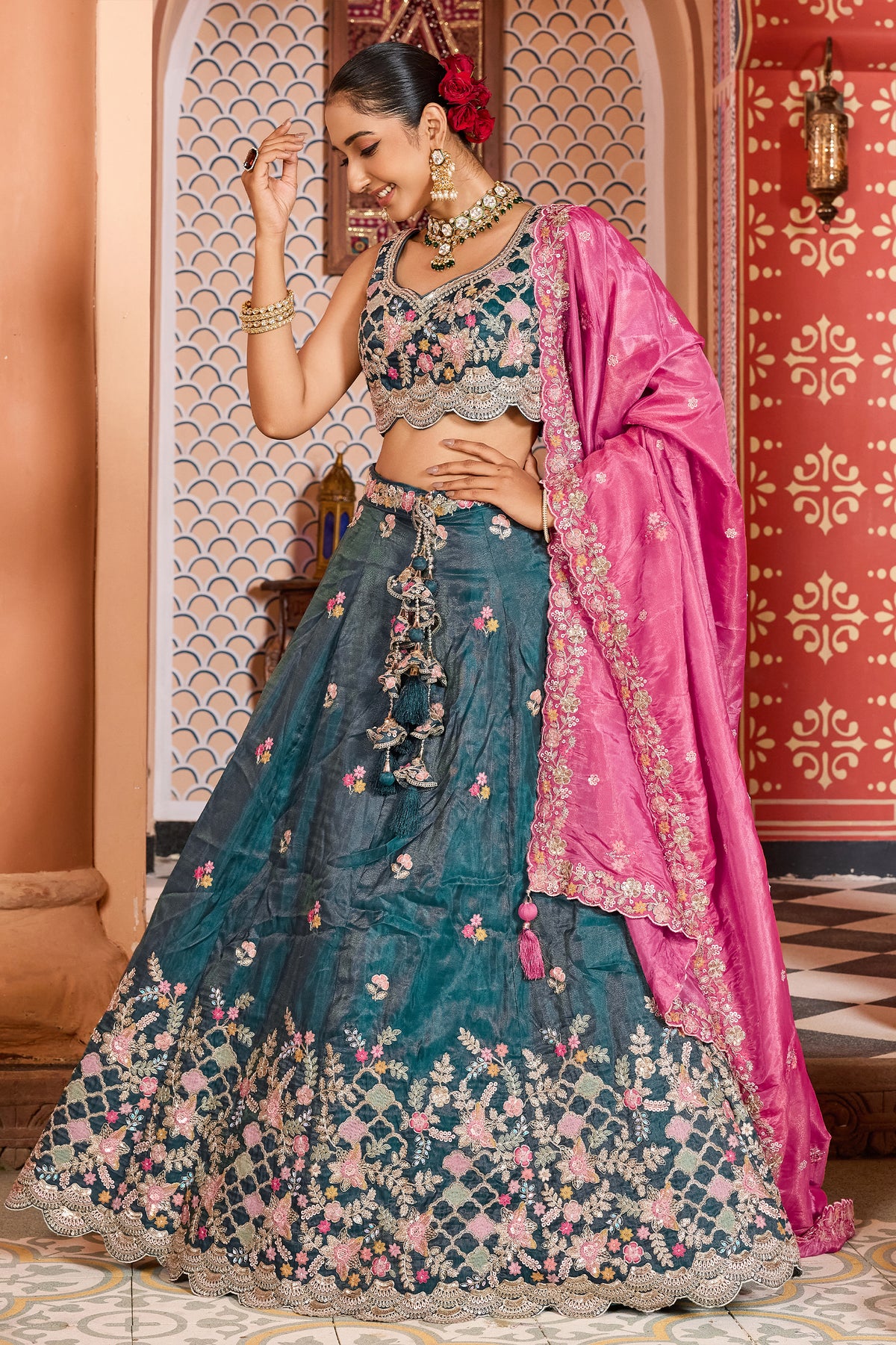 Teal Blue Semi Stitched Embroidered Tissue Lehenga-SAR12850_5_SareeButa.com