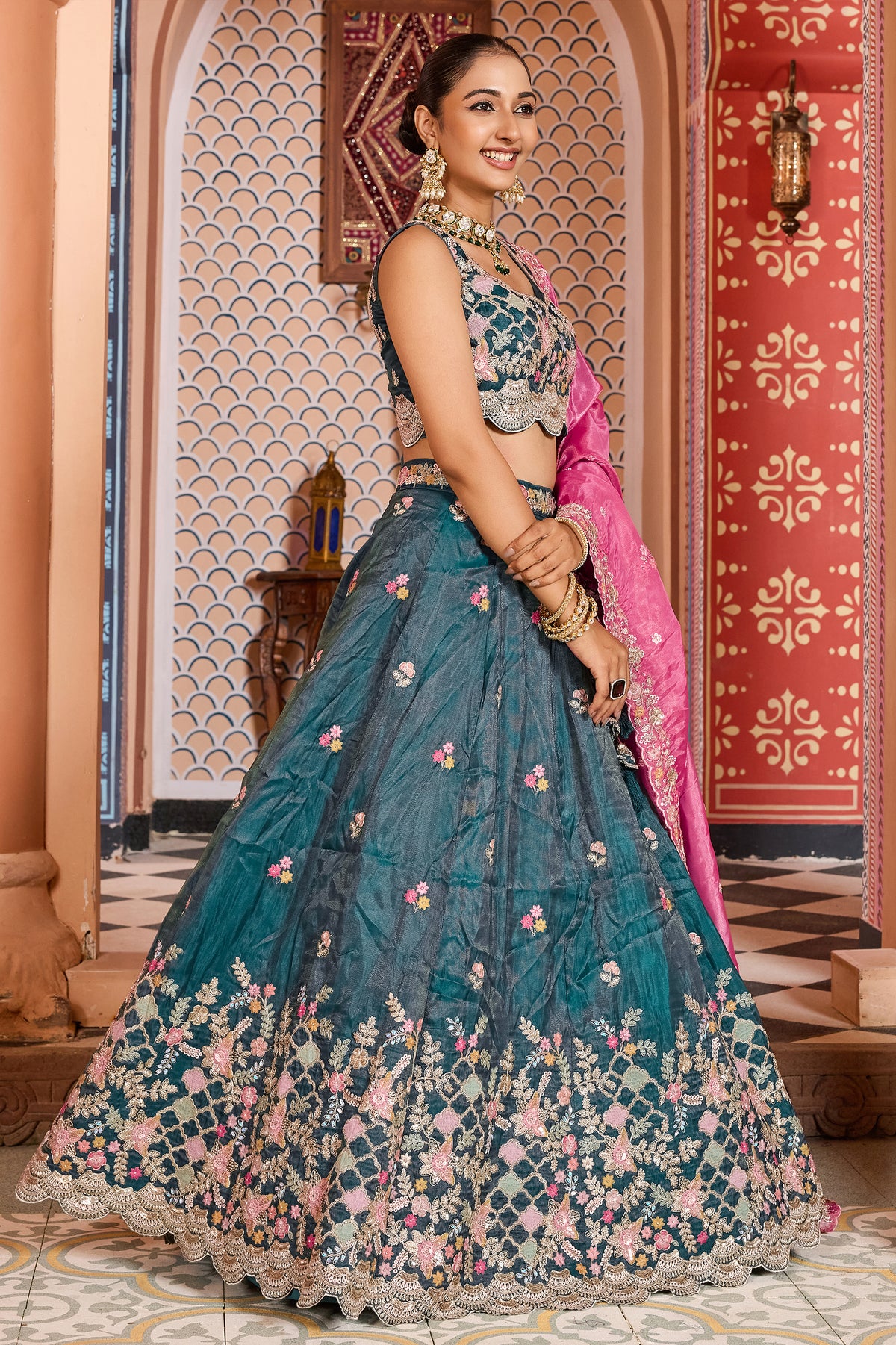Teal Blue Semi Stitched Embroidered Tissue Lehenga-SAR12850_6_SareeButa.com