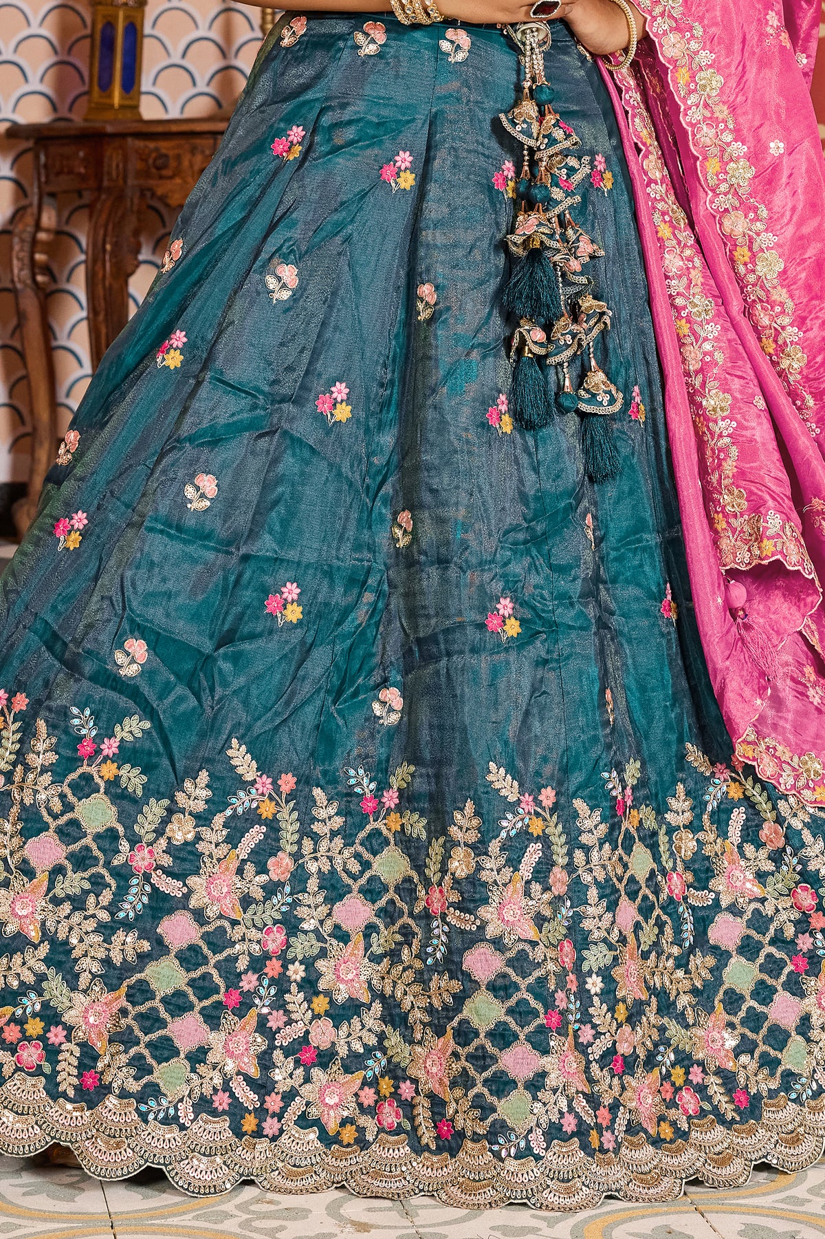 Teal Blue Semi Stitched Embroidered Tissue Lehenga-SAR12850_7_SareeButa.com