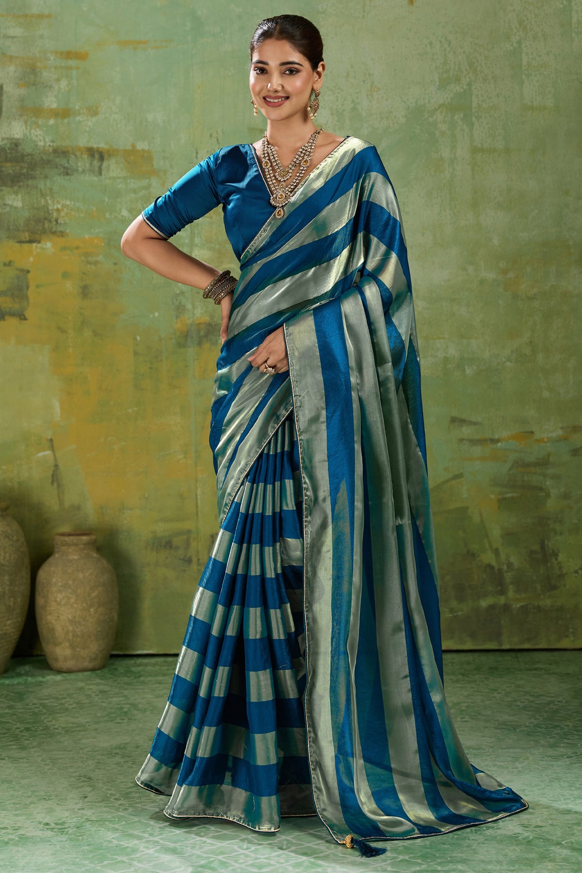 Teal Blue Velvet Satin Saree With Metallic Patta-SAR12947_1_SareeButa.com