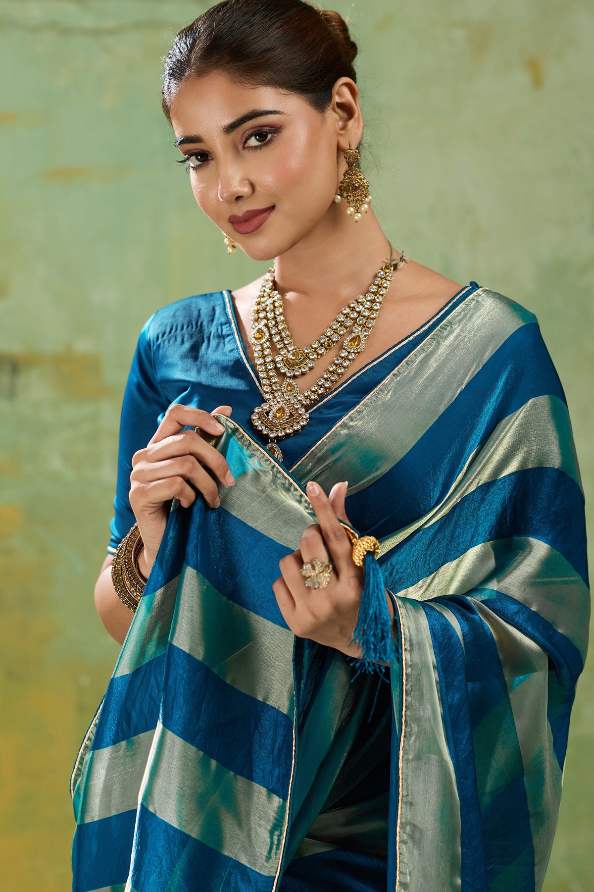 Teal Blue Velvet Satin Saree With Metallic Patta-SAR12947_2_SareeButa.com